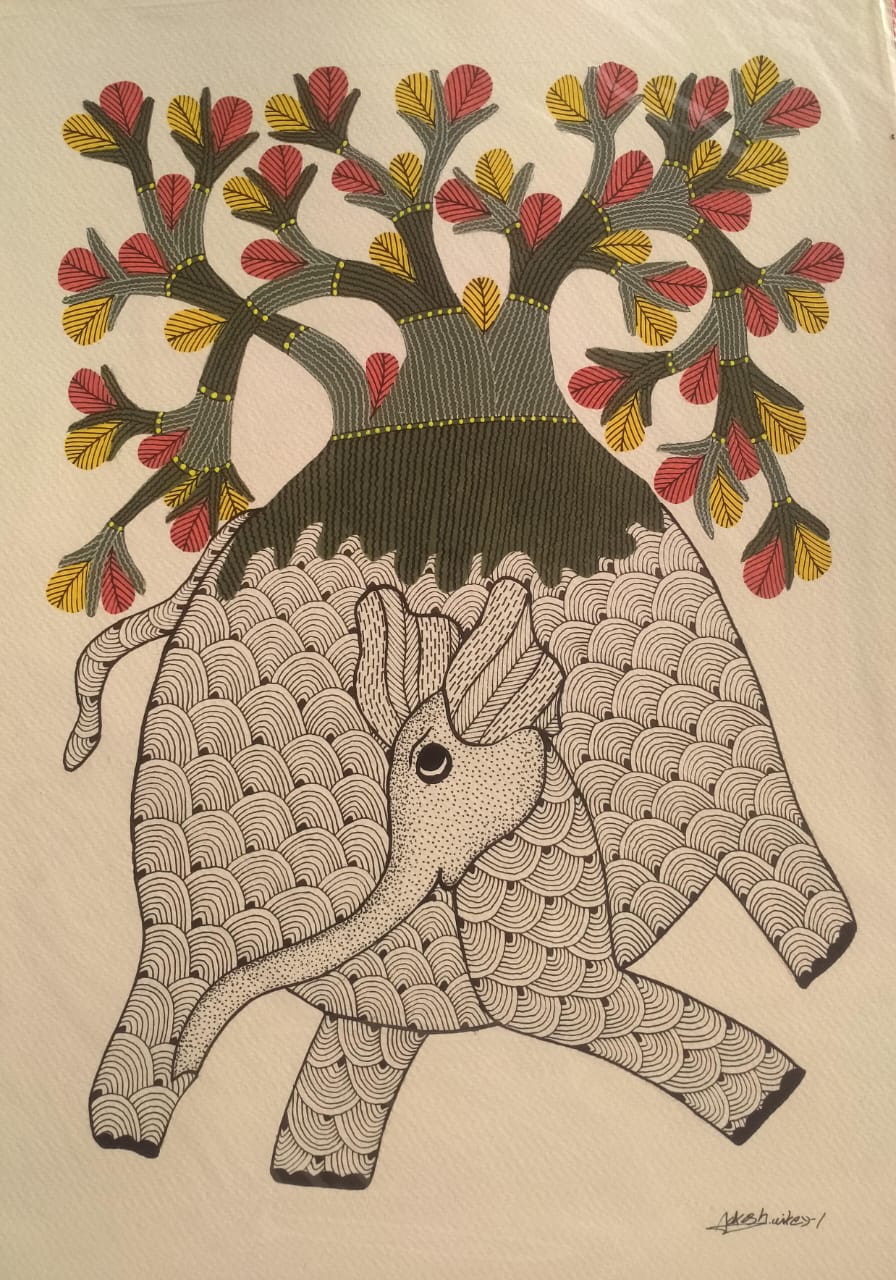 Handmade Elephant Tree of Life – Traditional Gond Painting