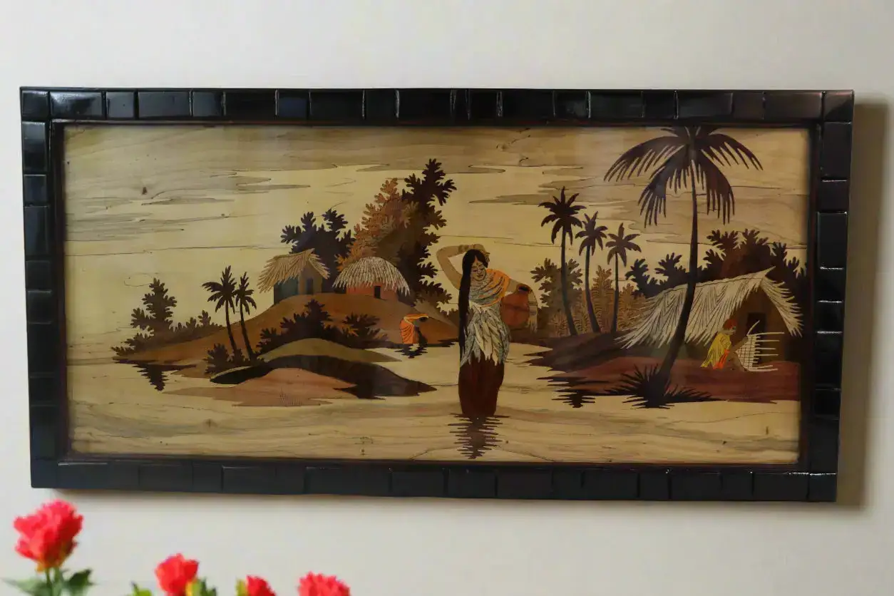 Traditional Indian Village Scene Wood Inlay Mysore - Image 3
