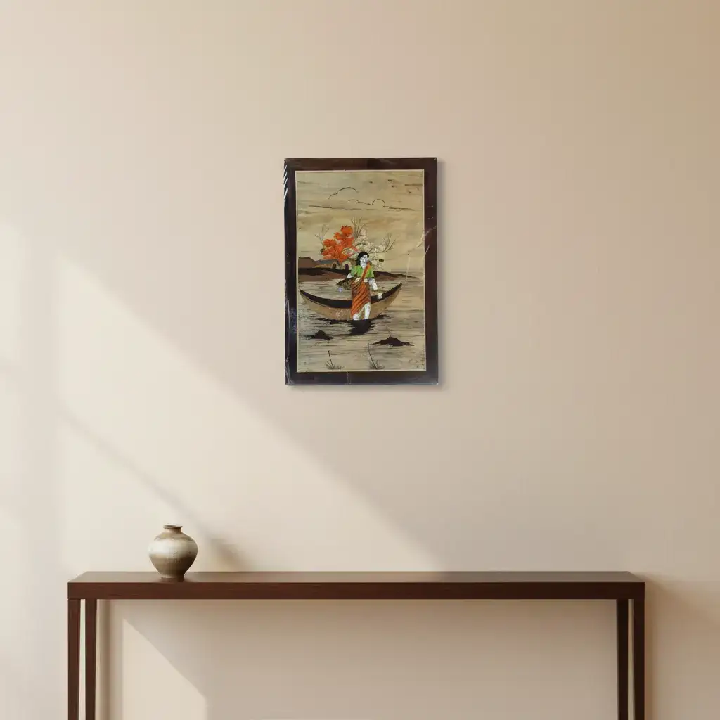 Wood Inlay Fisher Woman Frame – Handmade Rural Life Artwork - Image 2
