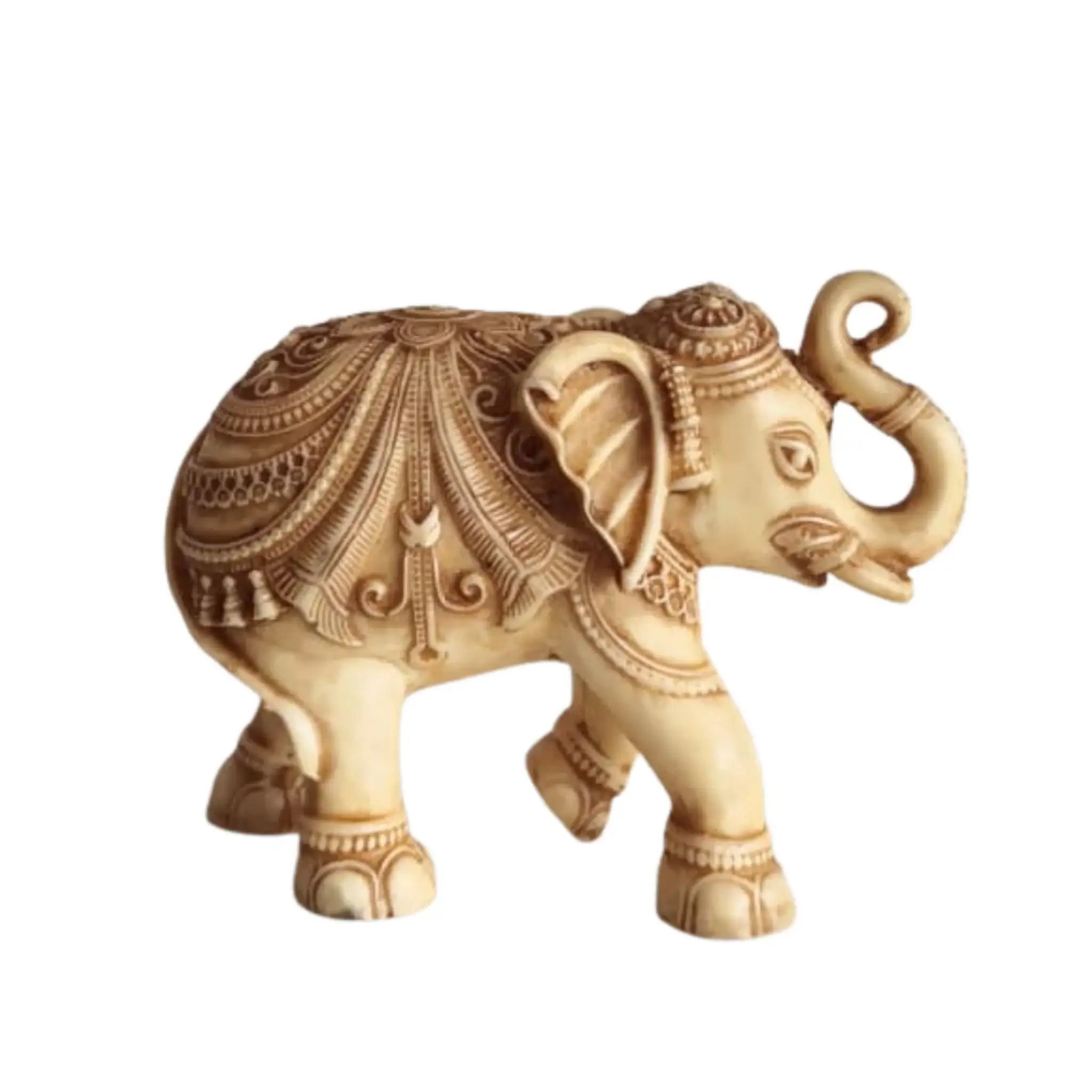 Intricately Carved Resin Elephant Figurine with Traditional Saddle - Image 3