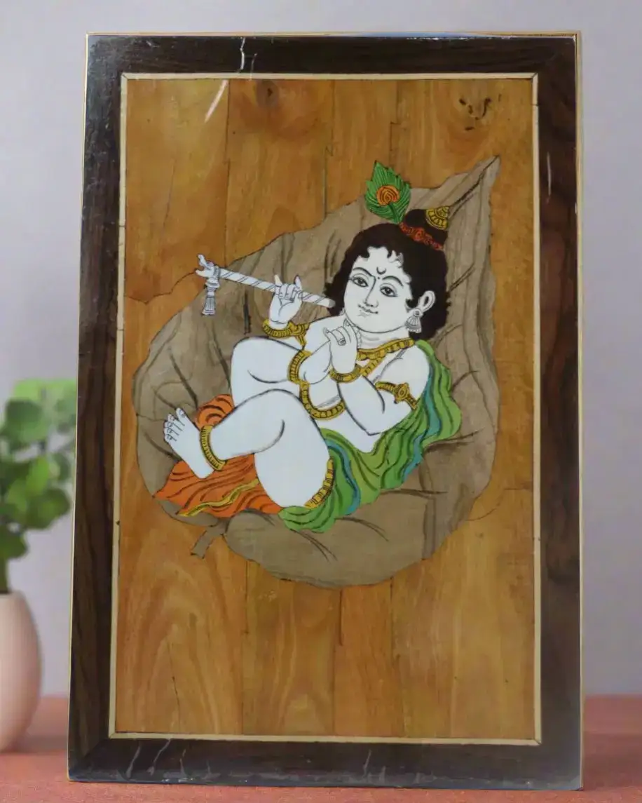 Charming Little Krishna in Rosewood Inlay – Handcrafted Religious Wall Décor - Image 3
