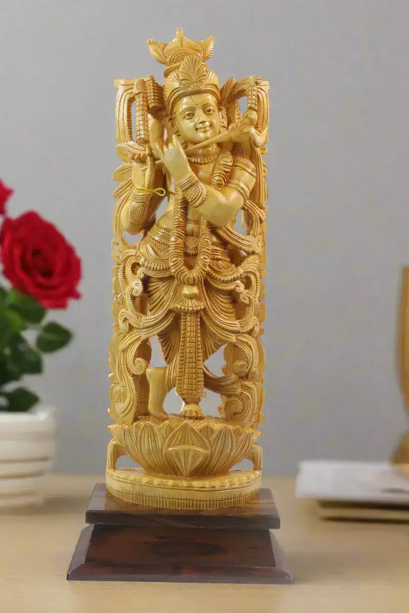 Beautiful Krishna Wood Sculpture – Perfect for Temple or Home - Image 3