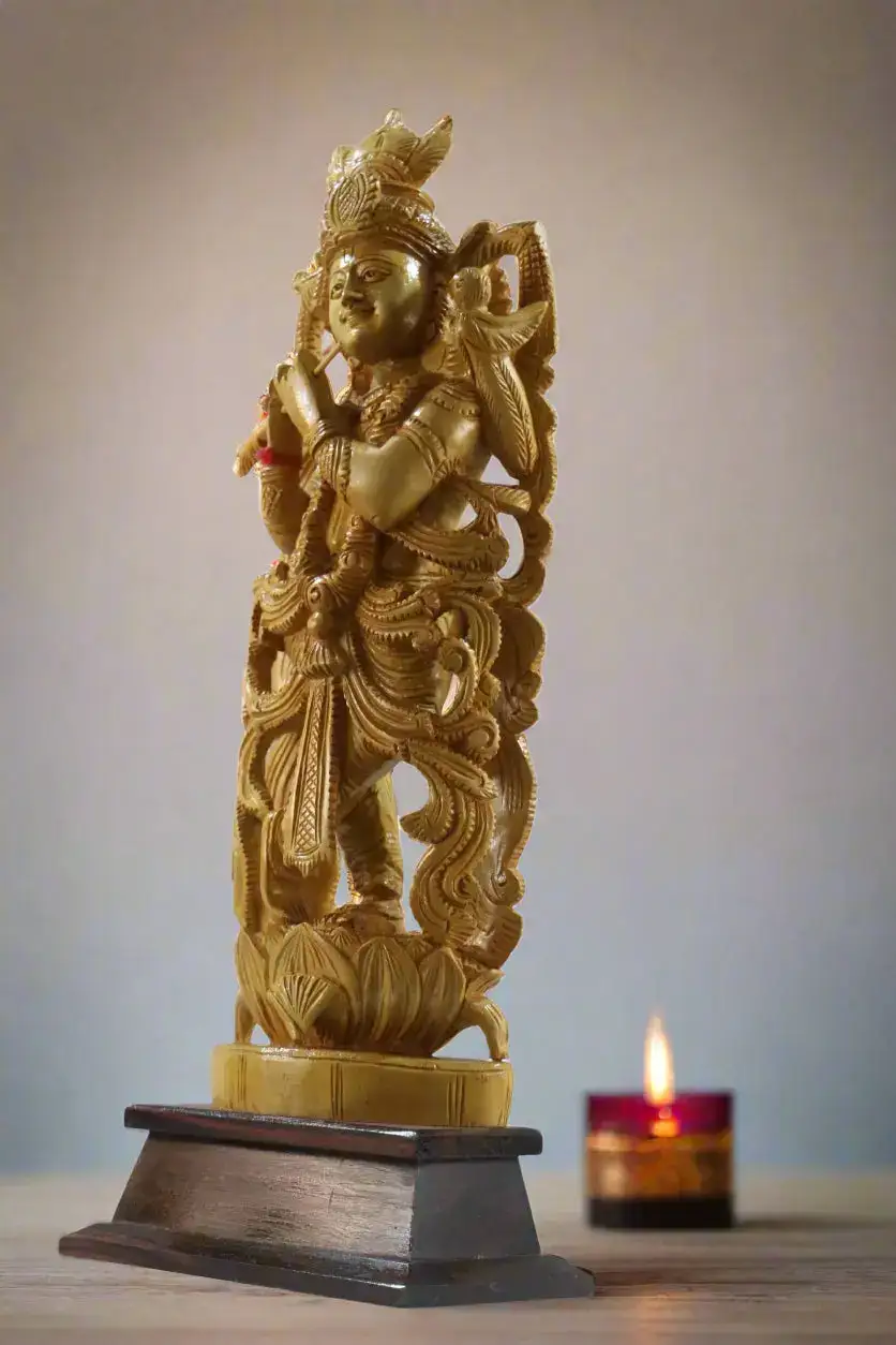Beautiful Krishna Wood Sculpture – Perfect for Temple or Home - Image 4