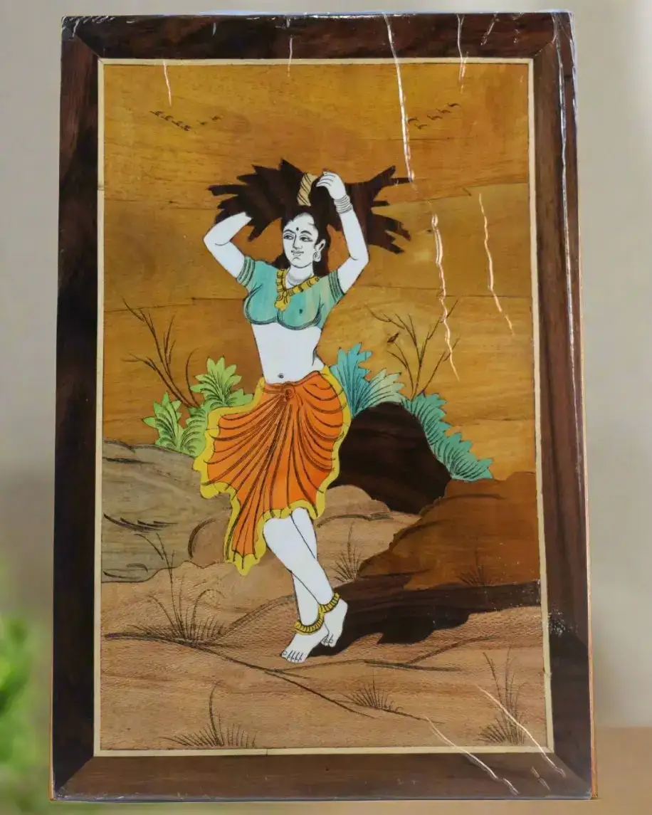 Lady with Firewood Scene – Exquisite Rosewood Inlay Wall Décor - Image 3