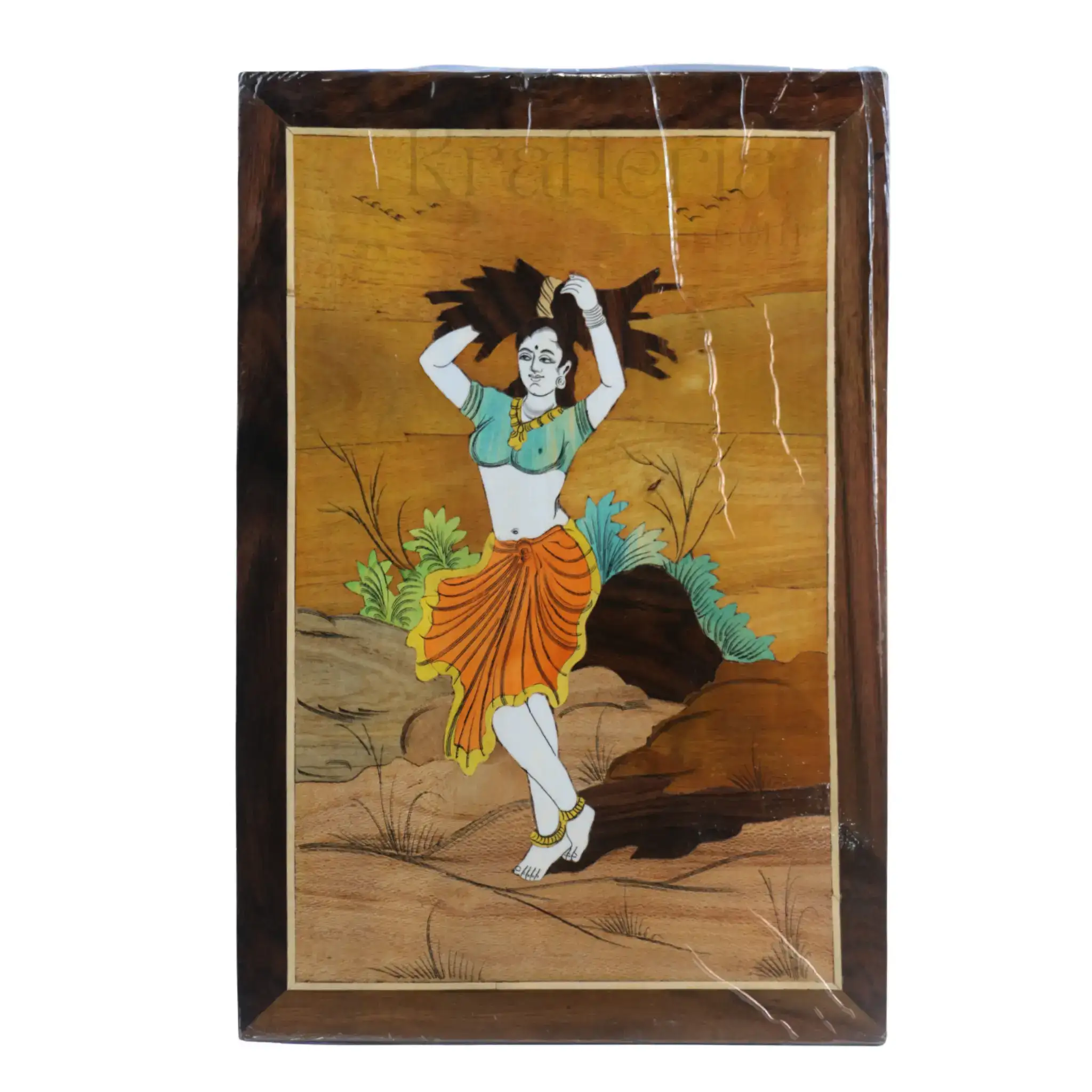 Lady with Firewood Scene – Exquisite Rosewood Inlay Wall Décor - Image 4