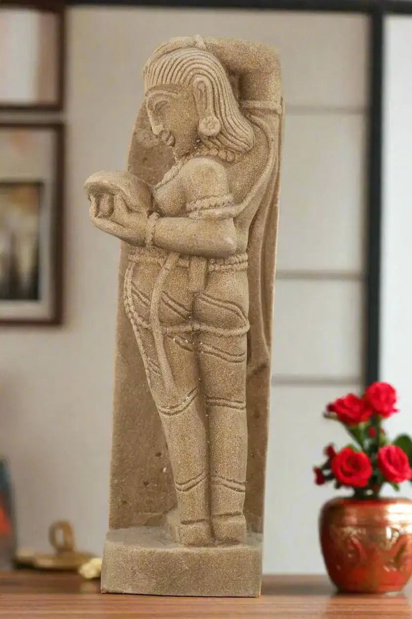A Lady Adorning Herself with a Mirror Sandstone Sculpture - Image 18