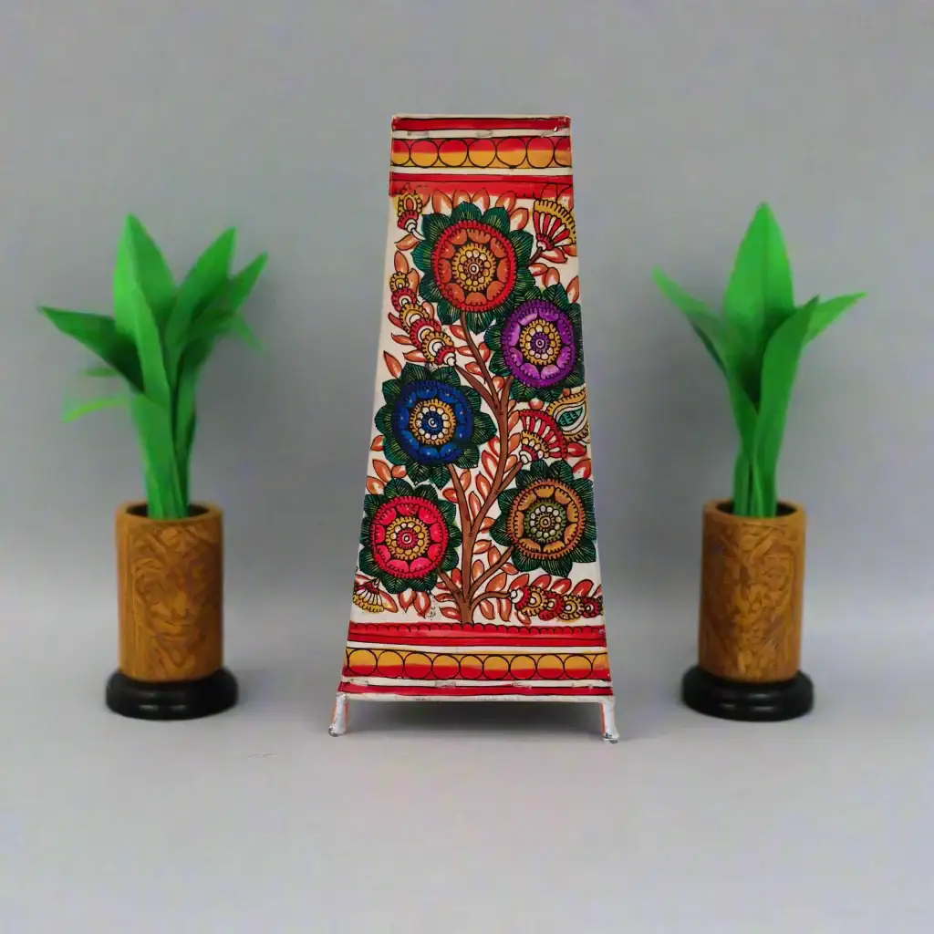 Indian Leather Puppetry Floor Lamp with Hand-Painted Floral Art