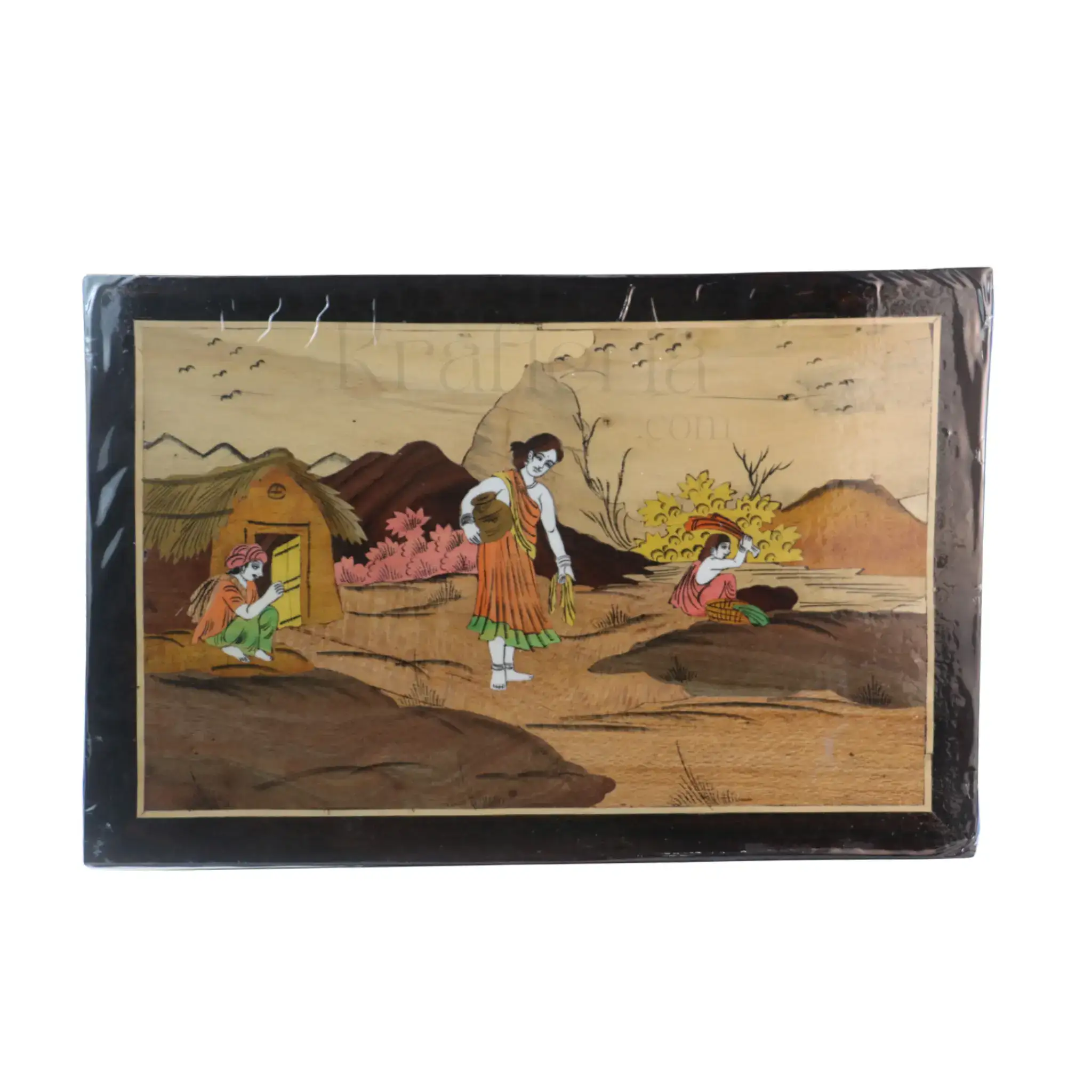 Village Life Scene Wooden Inlay – Lady Washing Cloth Handmade Art - Image 4