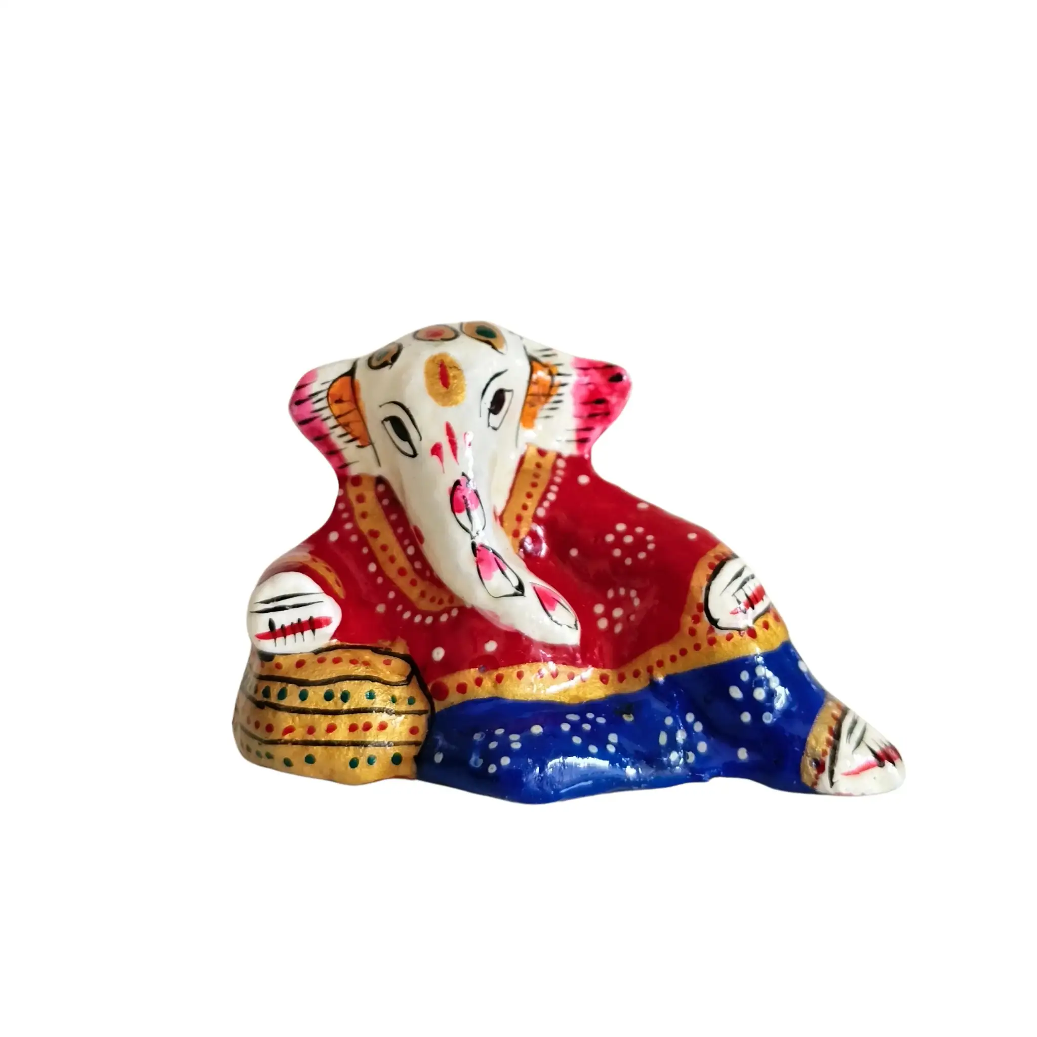Folk Art Lord Ganesha Idol in Red, Blue, and Gold Patka Style - Image 4