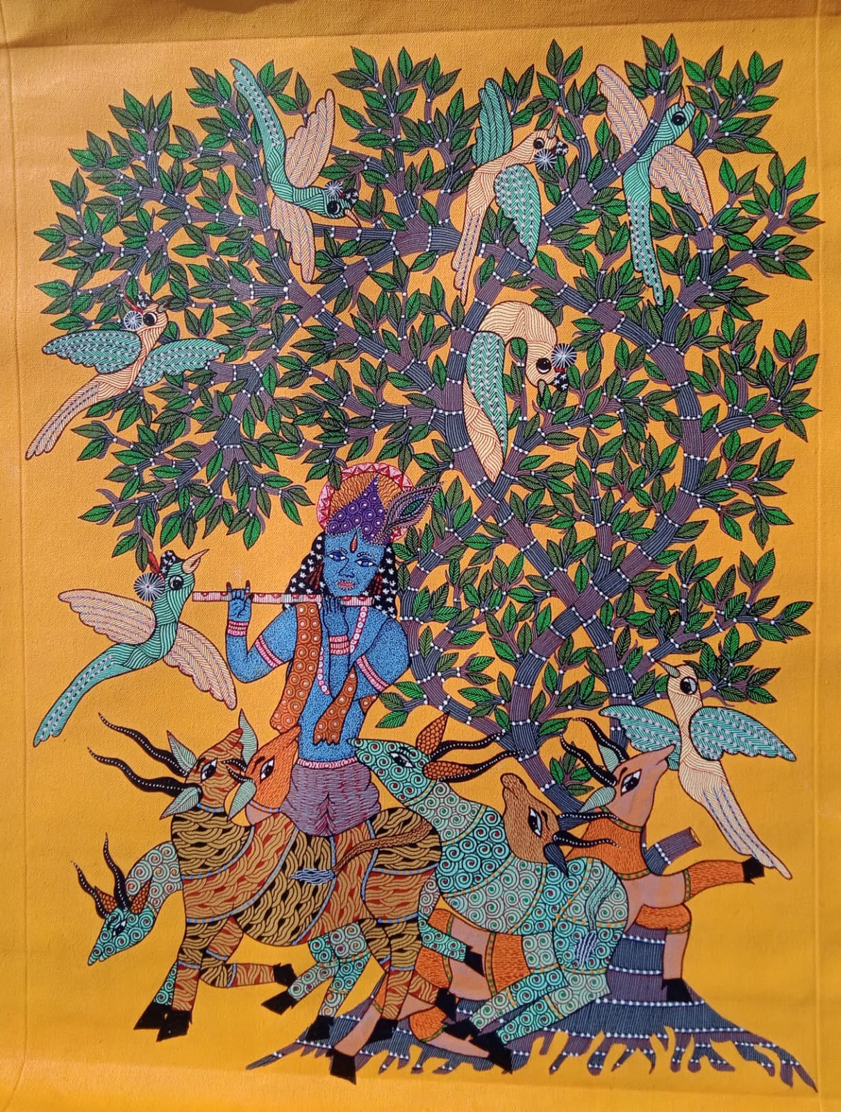Lord Krishna with Sacred Cows under the Kalpavriksha - Gond Painting