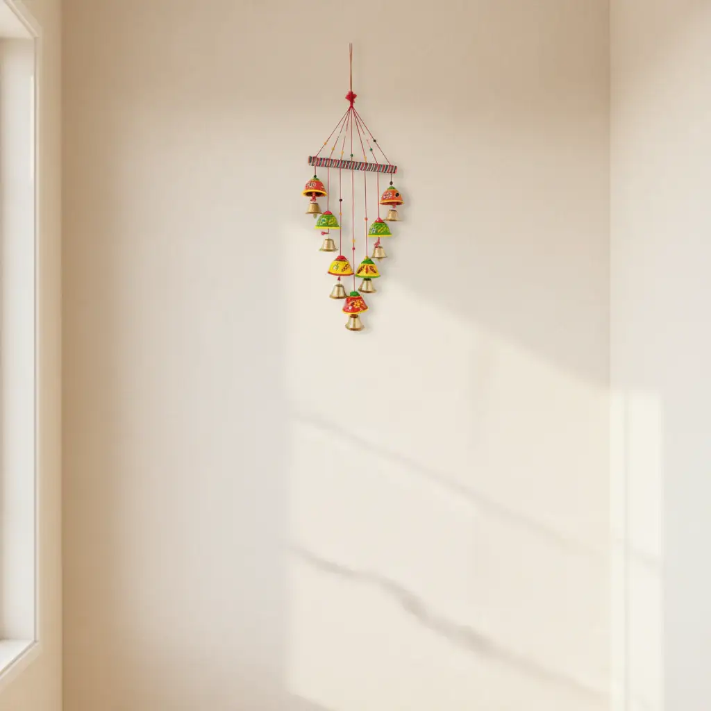 Vibrant Hand-Painted Clay and Metal Bell Wind Chime/Wall Hanging