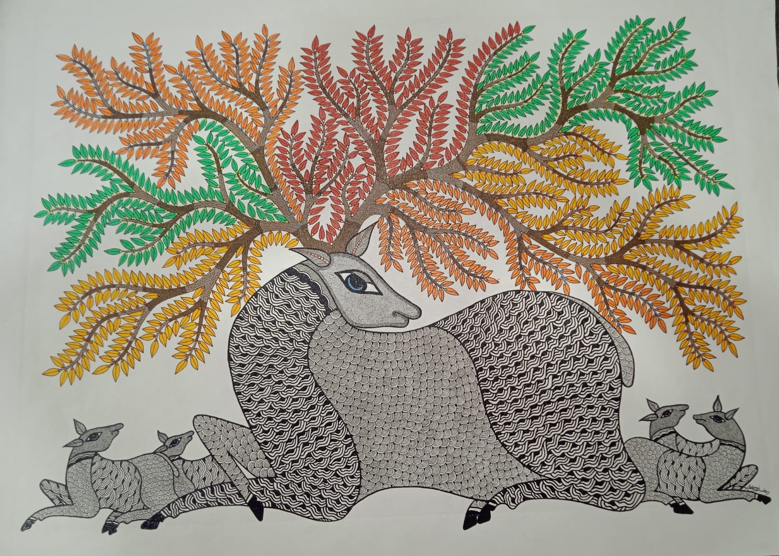 Mother and Fawn in the Blossom Grove – Gond Painting