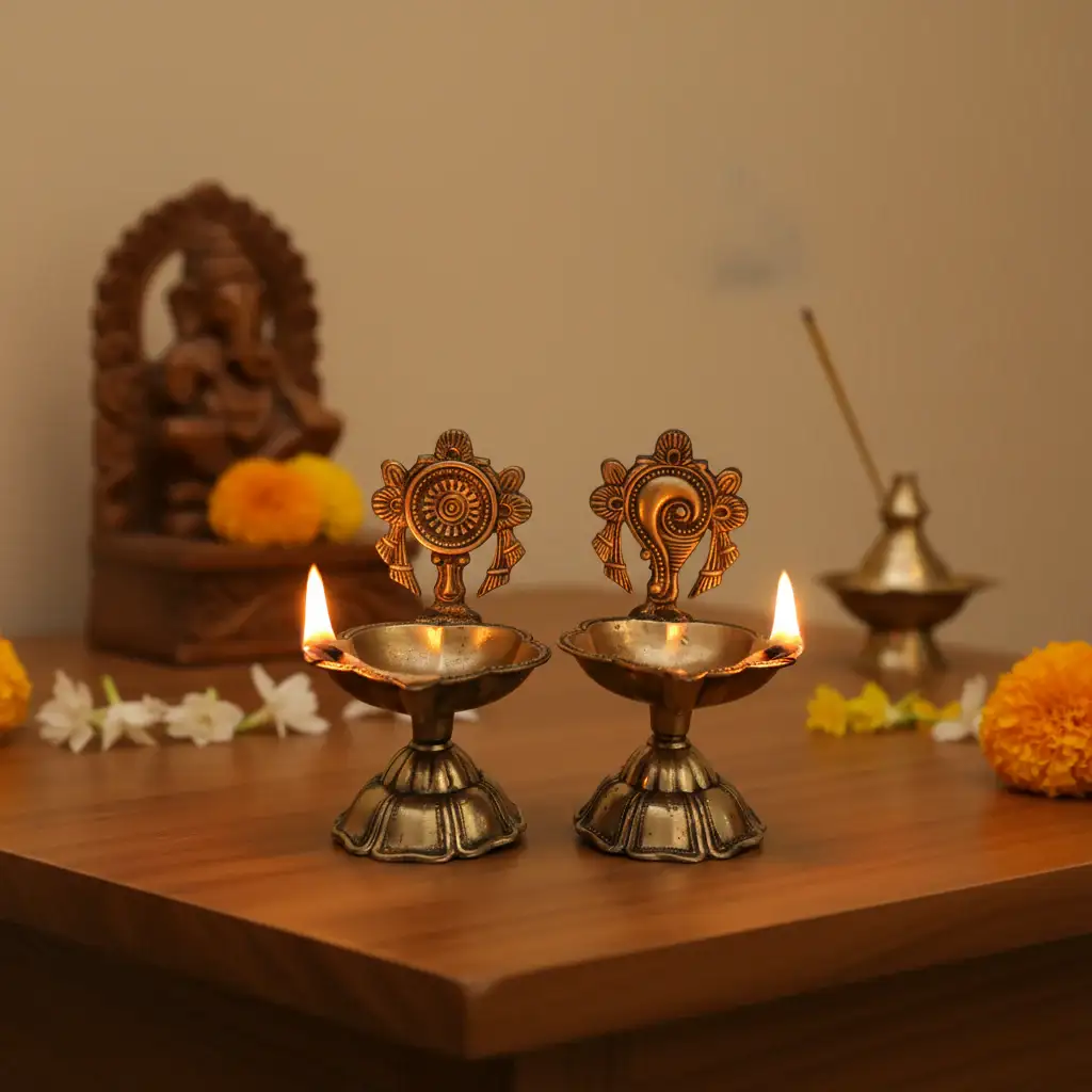 Pair of Ornate Brass Standing Diyas - Traditional Oil Lamps with Auspicious Symbols - Image 2