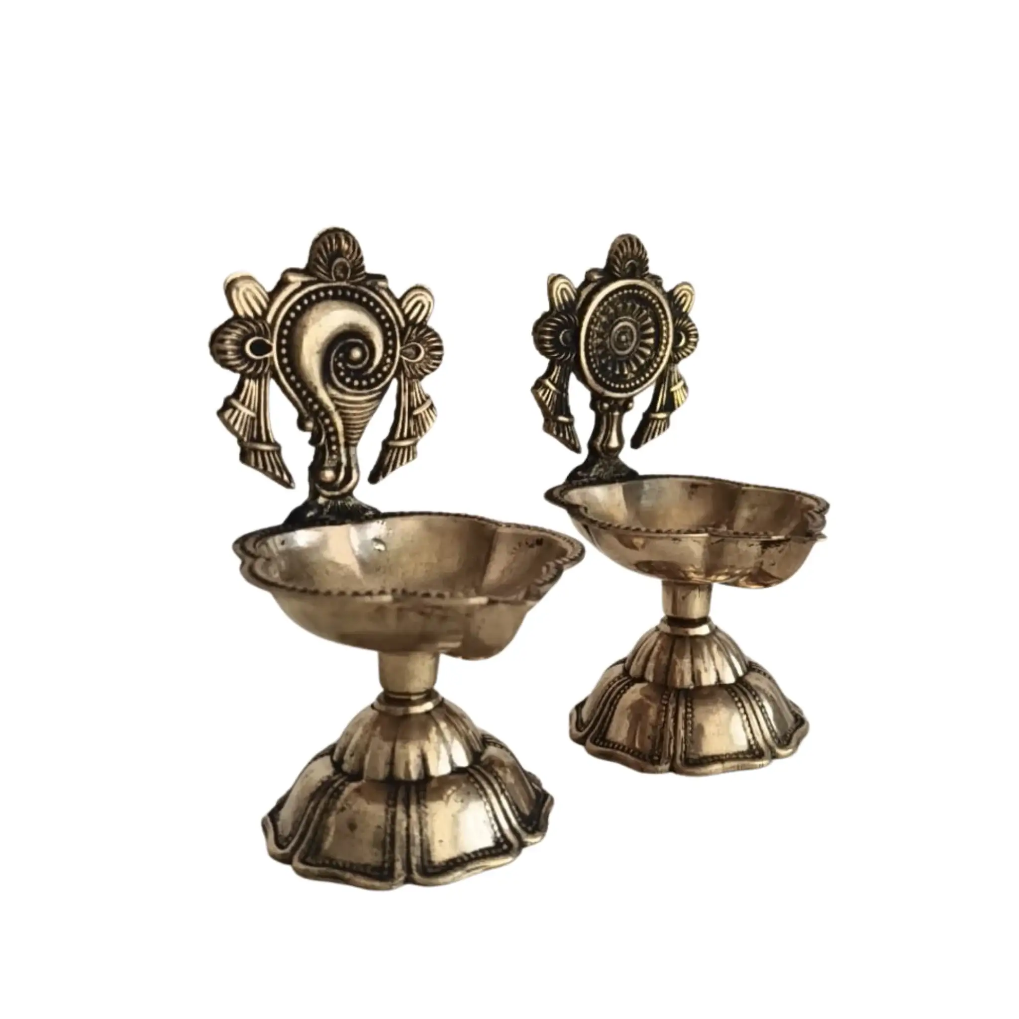Pair of Ornate Brass Standing Diyas - Traditional Oil Lamps with Auspicious Symbols - Image 3