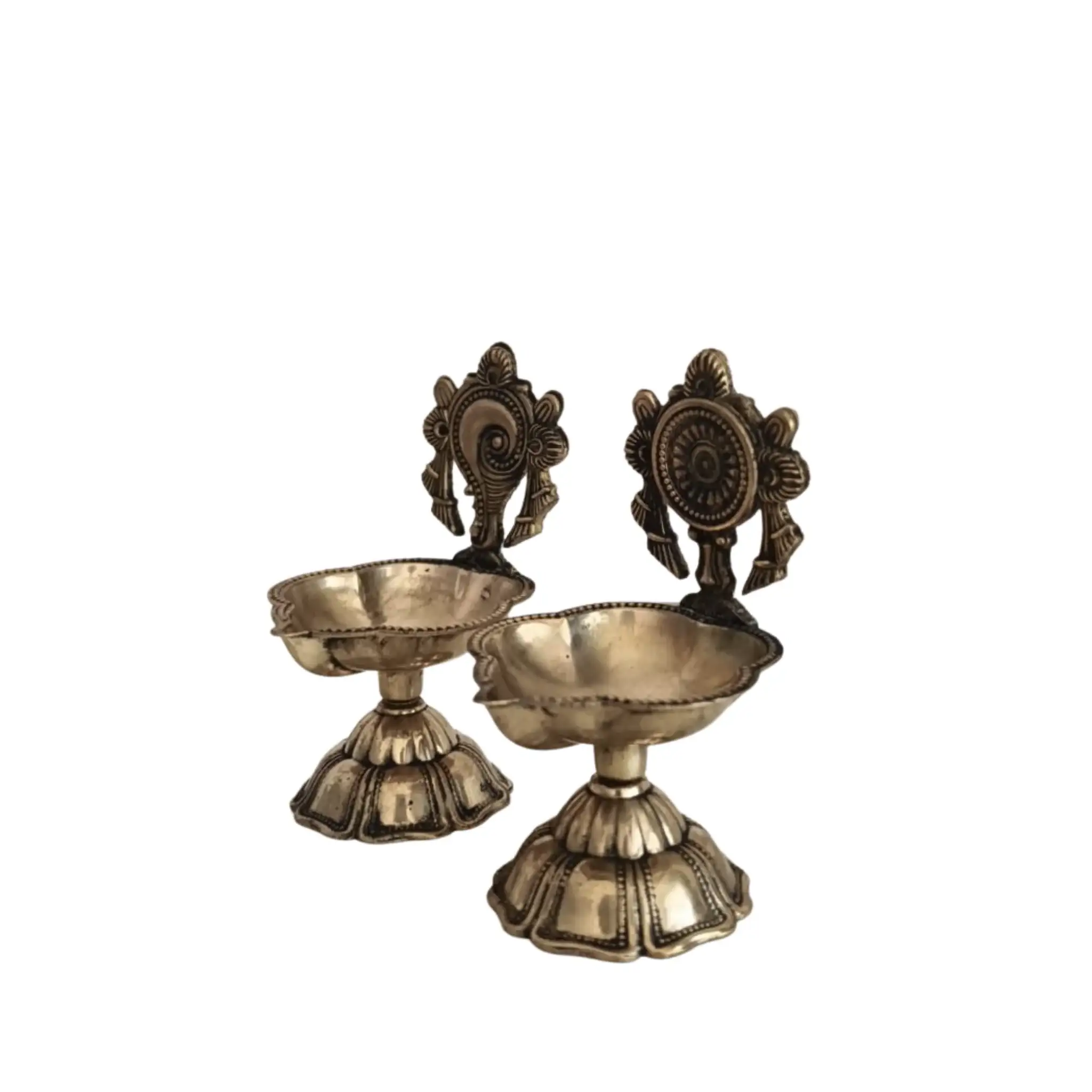 Pair of Ornate Brass Standing Diyas - Traditional Oil Lamps with Auspicious Symbols - Image 4