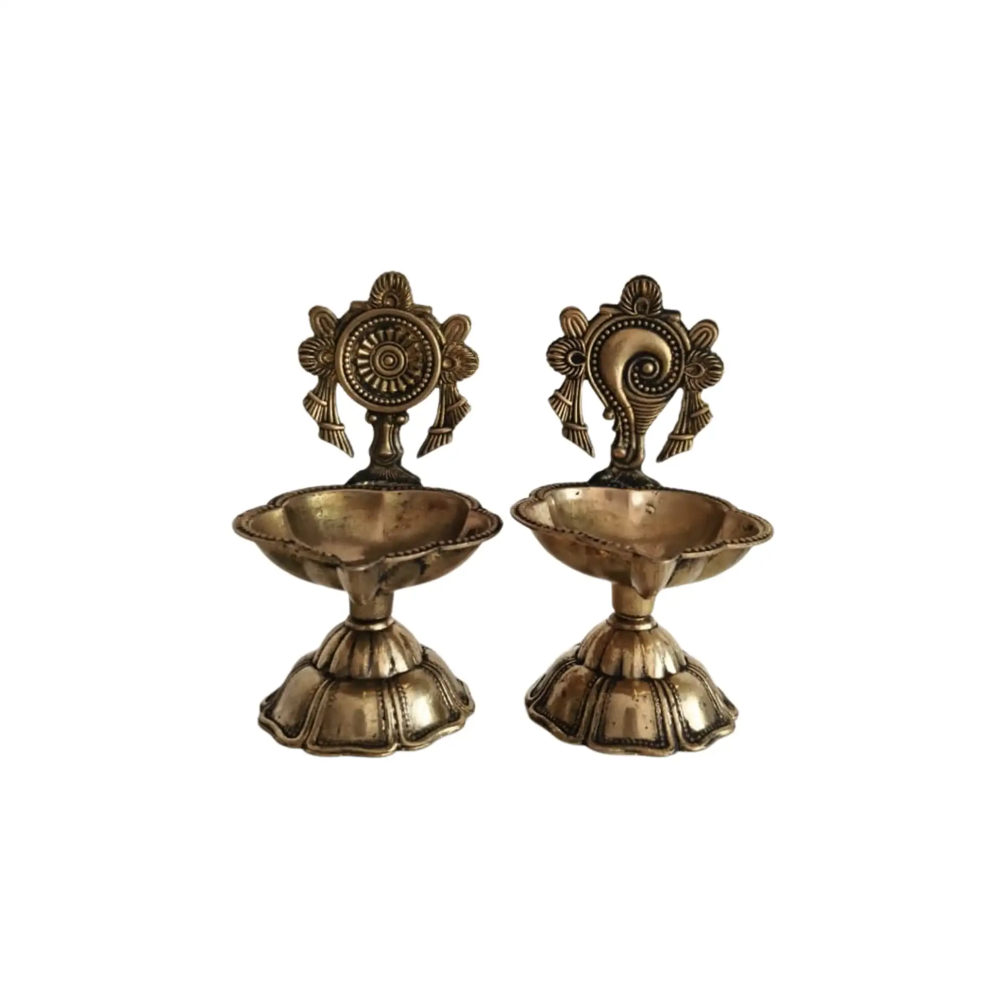 Pair of Ornate Brass Standing Diyas - Traditional Oil Lamps with Auspicious Symbols - Image 5