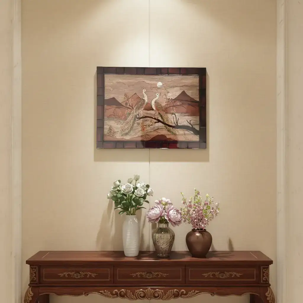 Couple Peacock Wood Inlay – Traditional Mysore Rosewood Artwork - Image 2