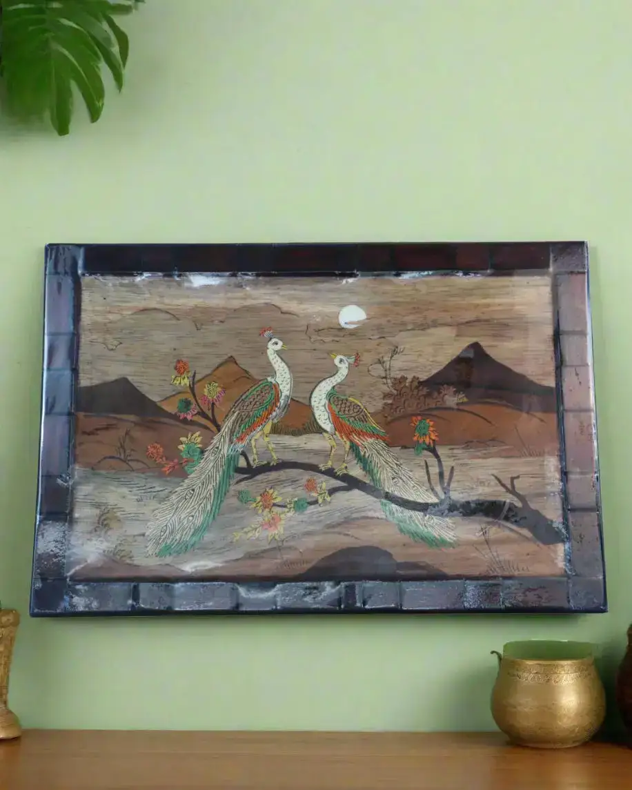 Couple Peacock Wood Inlay – Traditional Mysore Rosewood Artwork - Image 3