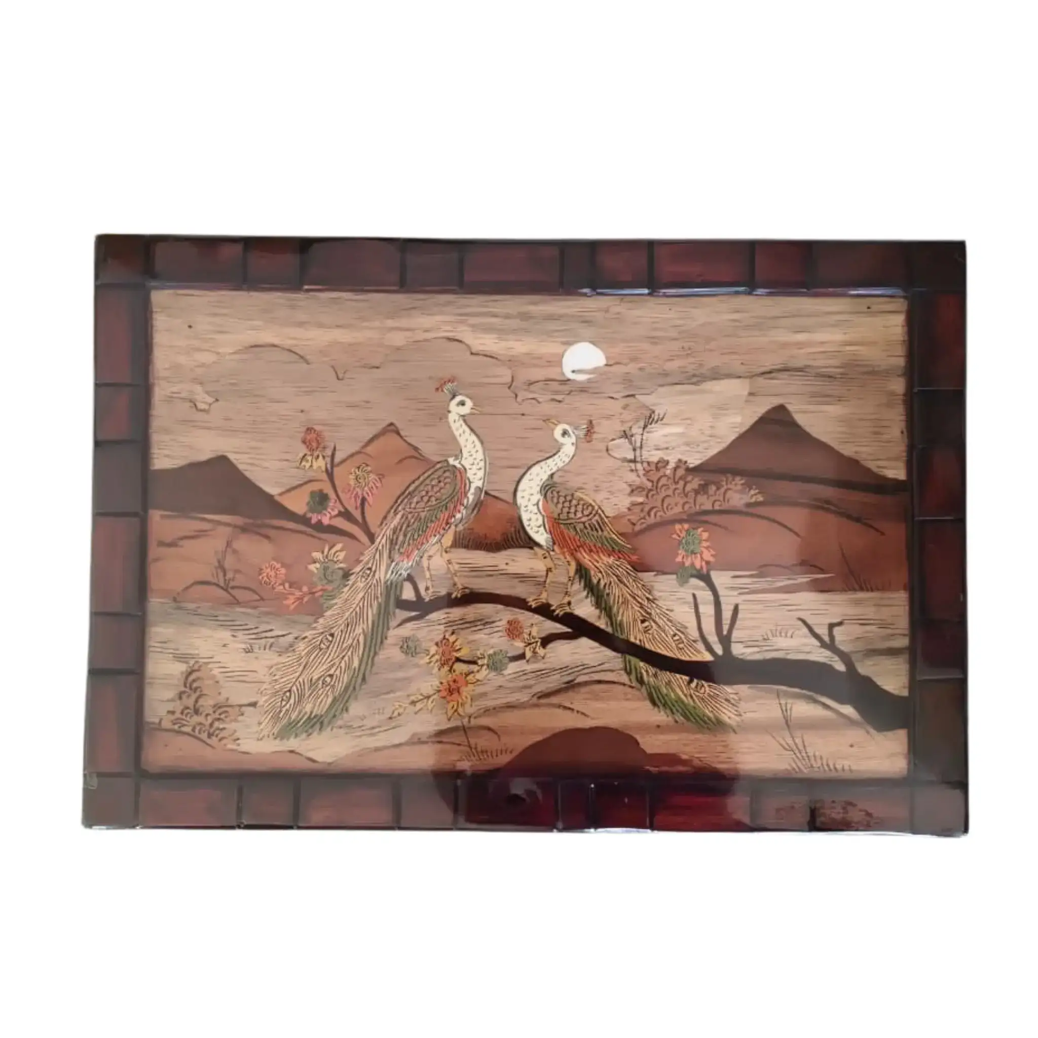 Couple Peacock Wood Inlay – Traditional Mysore Rosewood Artwork - Image 4