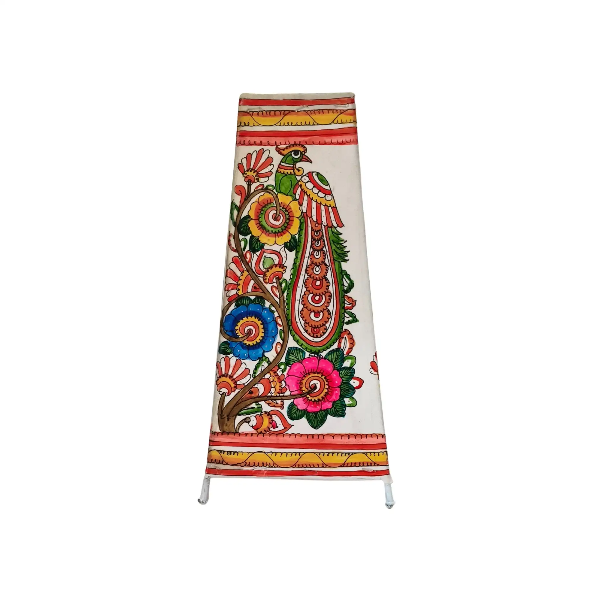 Hand-Painted Leather Lamp with Peacock and Floral Design - Image 4