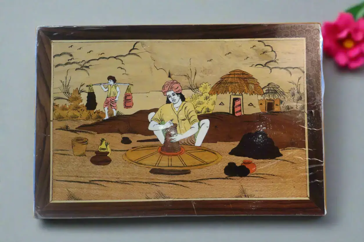 Pottery Pot Making Wooden Inlay Frame – South Indian Handmade Masterpiece - Image 3