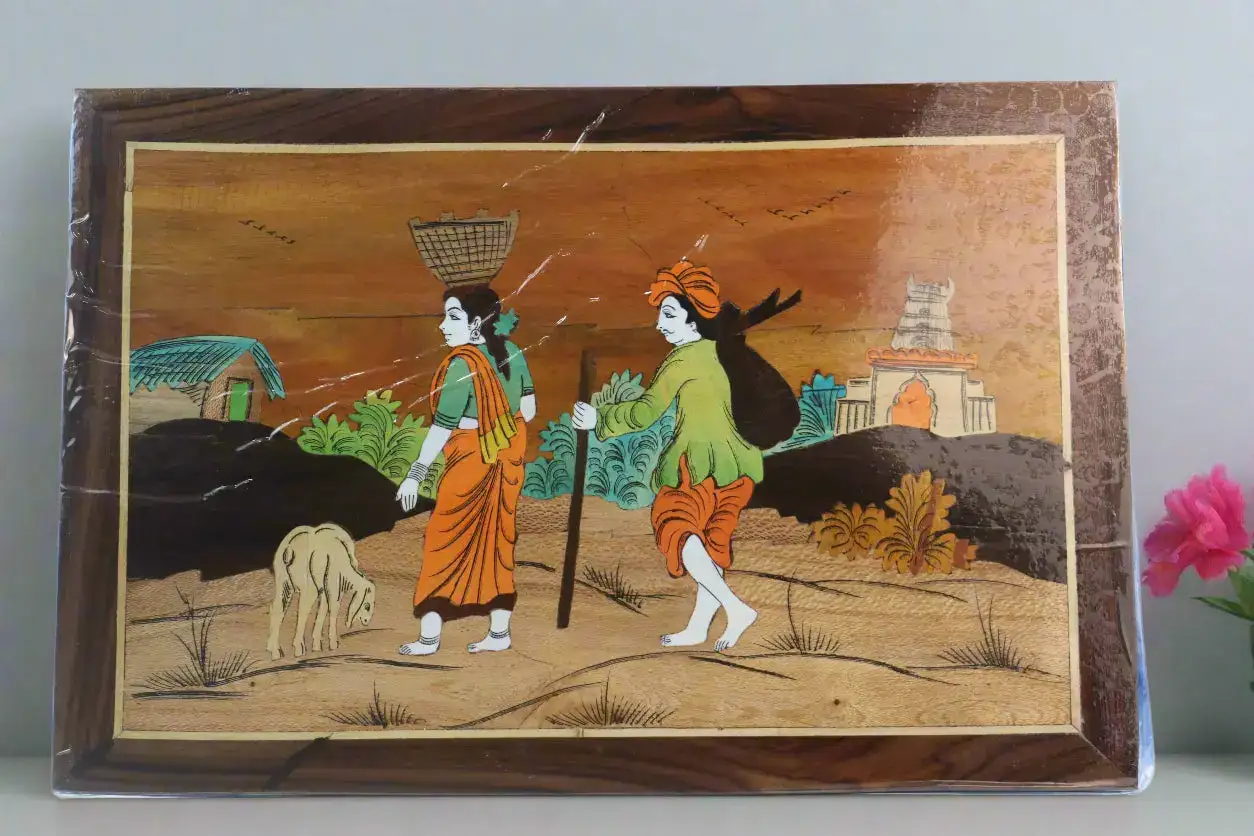Rosewood Inlay Artwork – Scenic Village Life Handmade Wall Decor - Image 3