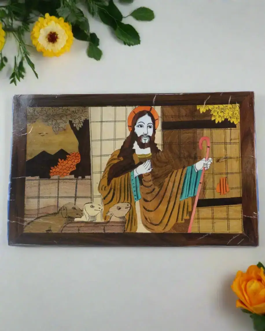 Handcrafted Rosewood Inlay Jesus Frame – Elegant Christian Wall Art - Image 3