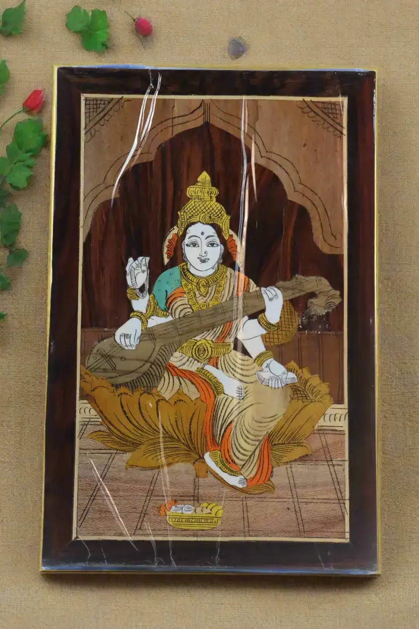 Rosewood Inlay Wall Frame – Divine Saraswathi Artwork for Study or Pooja Room - Image 3