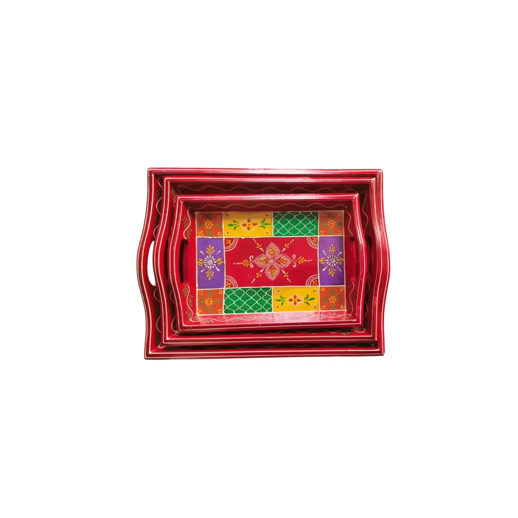 Set of 3 Hand-Painted Traditional Indian Decorative Serving Trays - Image 4