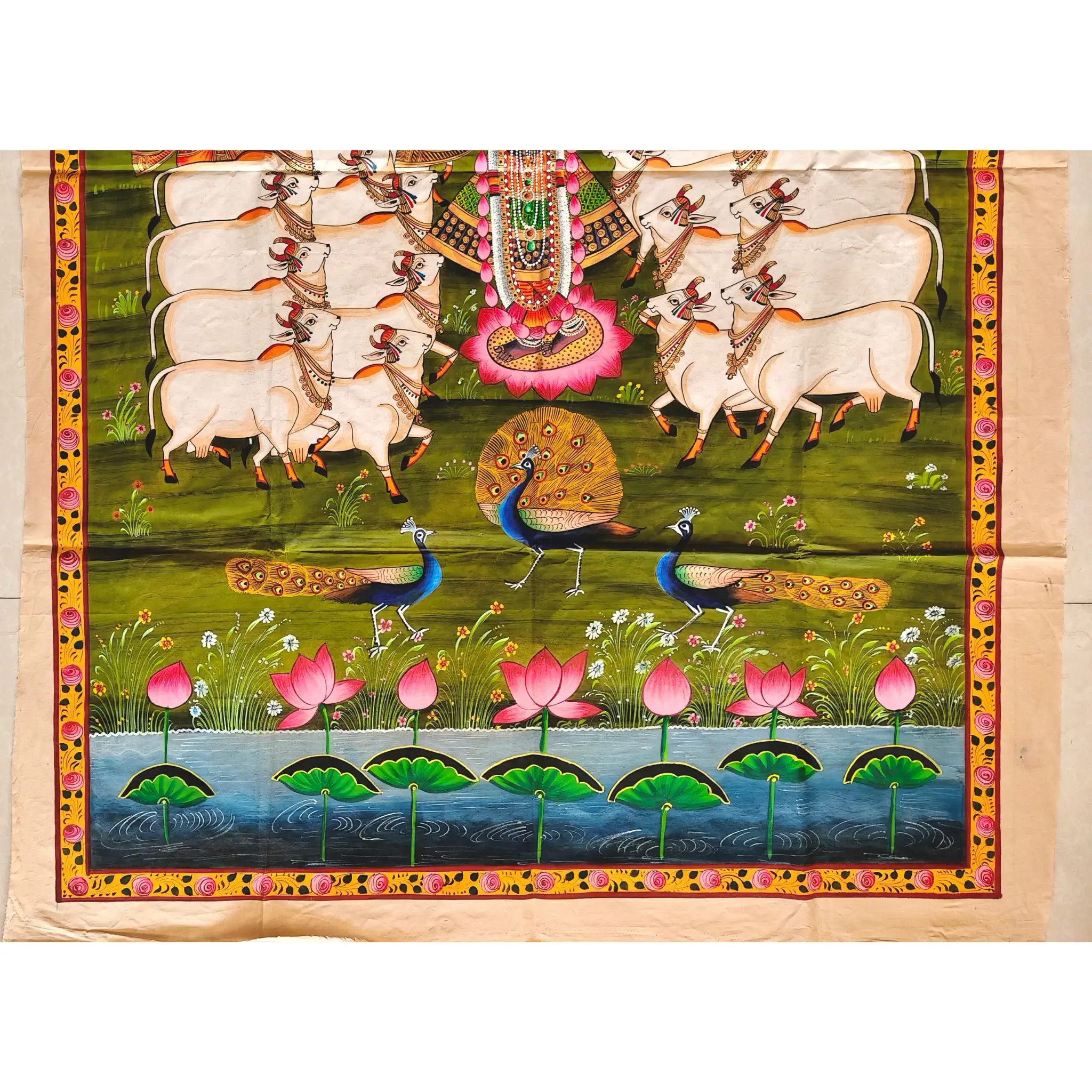 Traditional Shrinathji Pichwai Painting - Krishna with Gopis, Cows, and Peacocks - Image 3