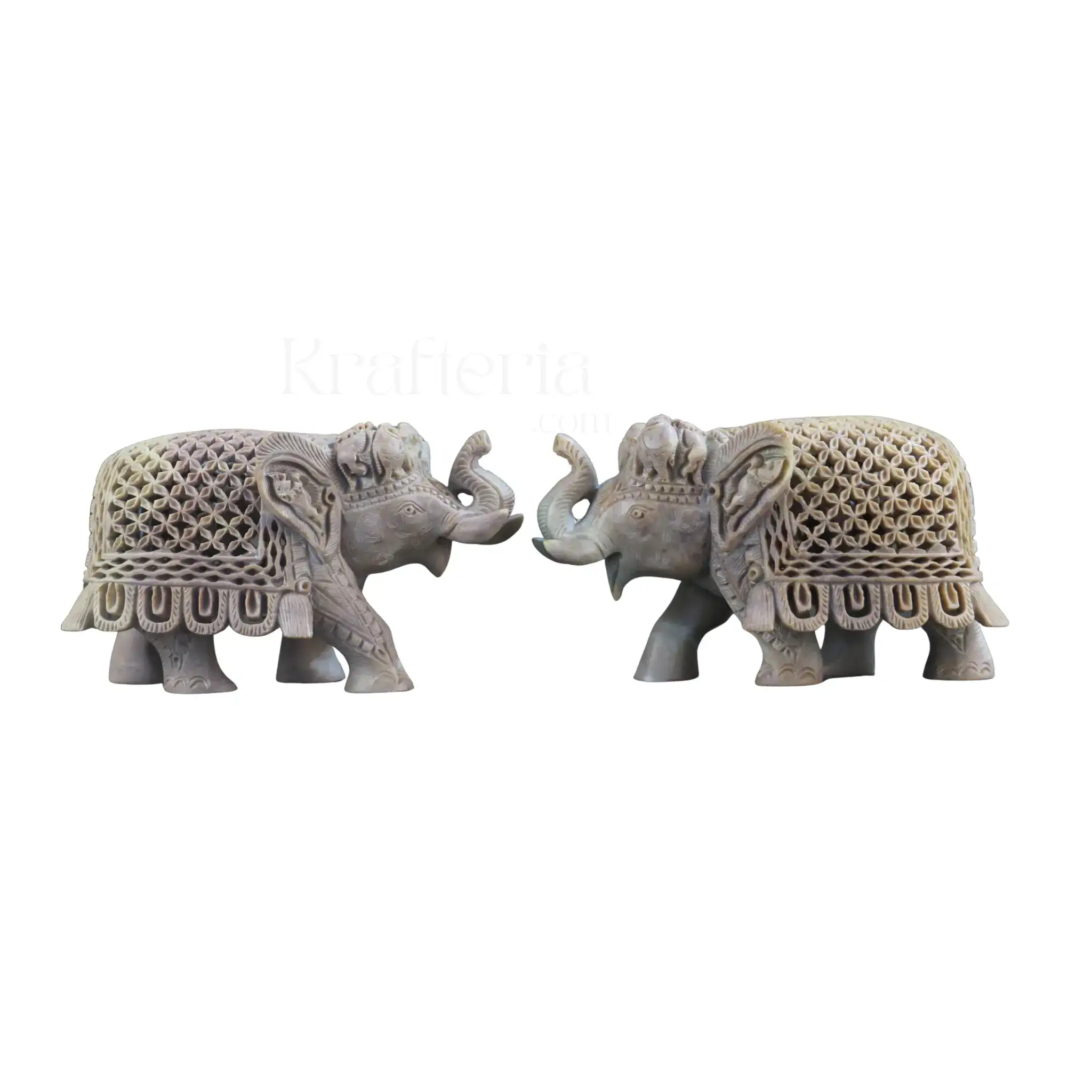 Pair of Elephants Idol Soft Stone – Intricate Jali Carving Handcrafted Artwork - Image 10