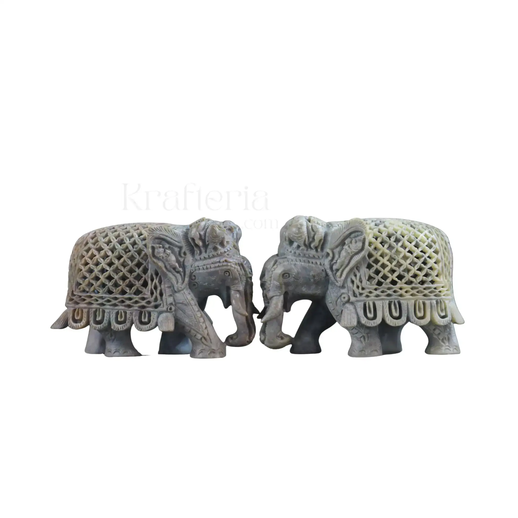 Pair of Elephants Idol Soft Stone – Intricate Jali Carving Handcrafted Artwork - Image 16