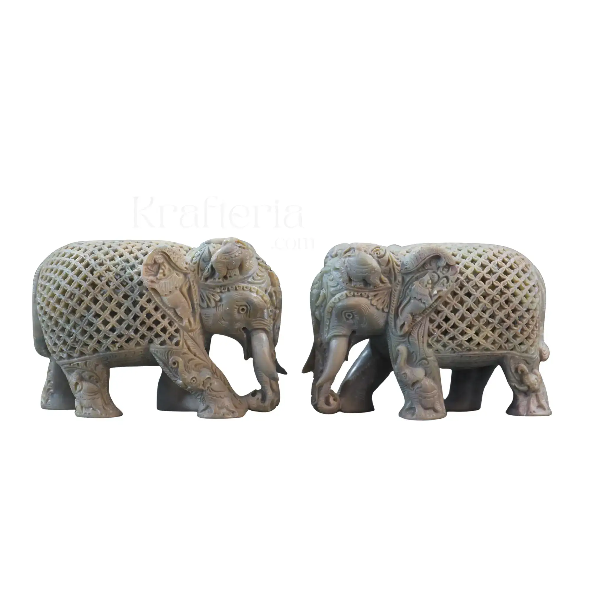 Pair of Elephants Idol Soft Stone – Intricate Jali Carving Handcrafted Artwork - Image 3