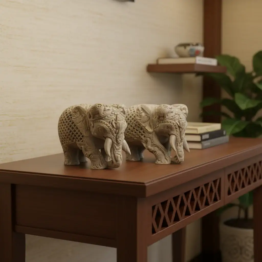 Pair of Elephants Idol Soft Stone – Intricate Jali Carving Handcrafted Artwork - Image 5