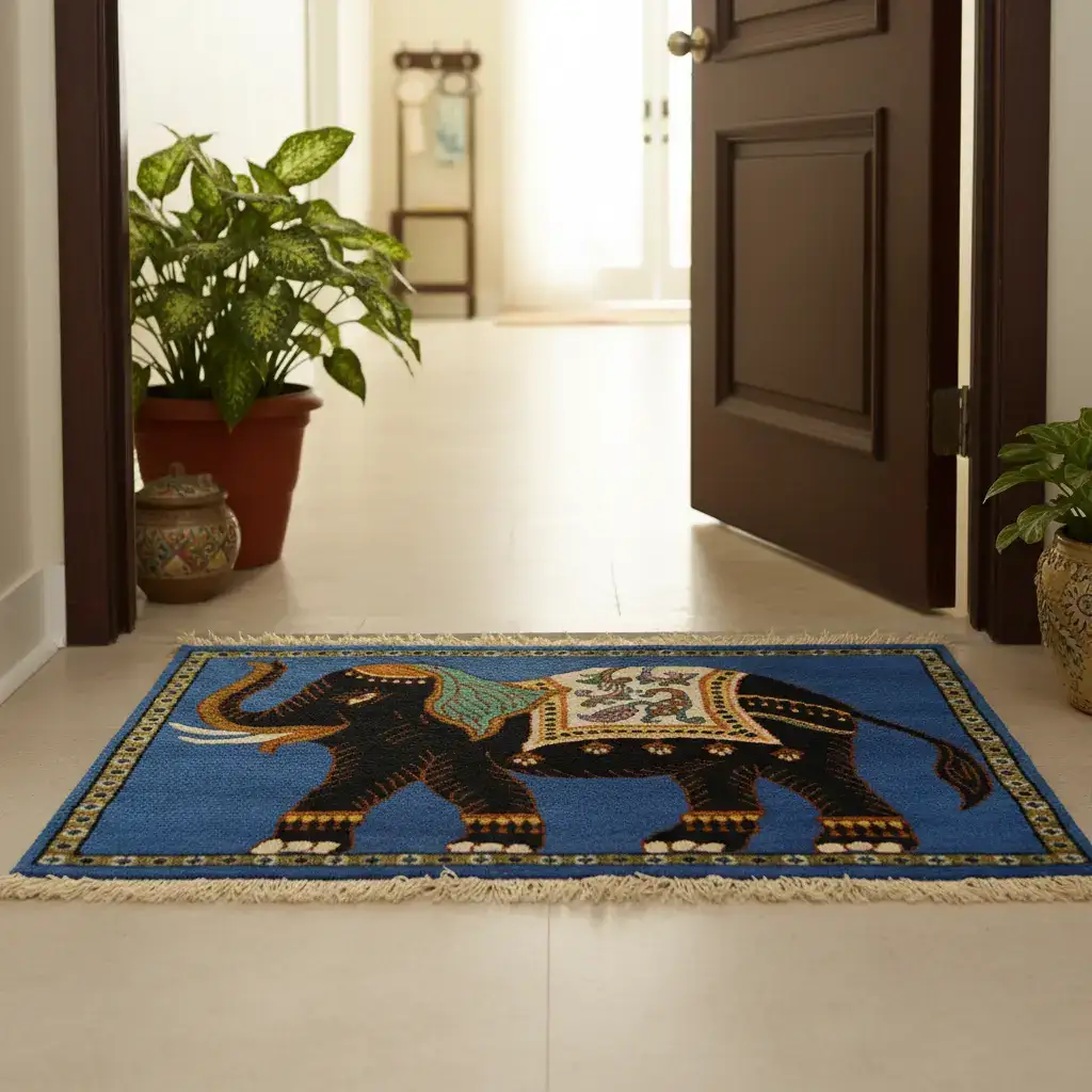 Opulent Threads Wool Carpet - Majestic Elephant on Cerulean Blue - Image 2