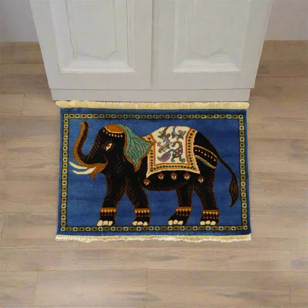 Opulent Threads Wool Carpet - Majestic Elephant on Cerulean Blue - Image 3