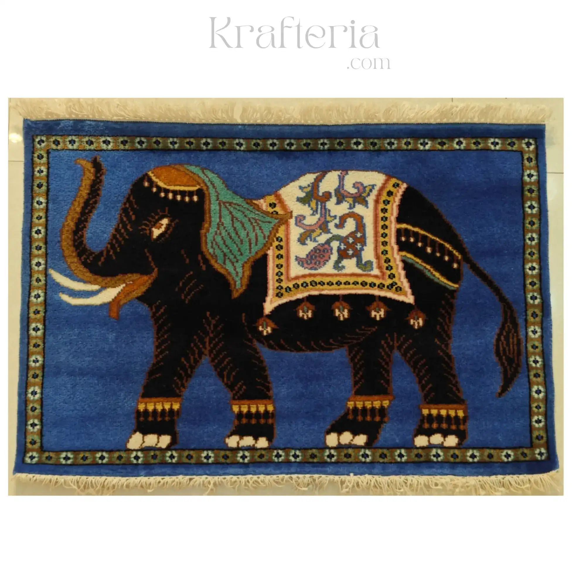 Opulent Threads Wool Carpet - Majestic Elephant on Cerulean Blue - Image 4