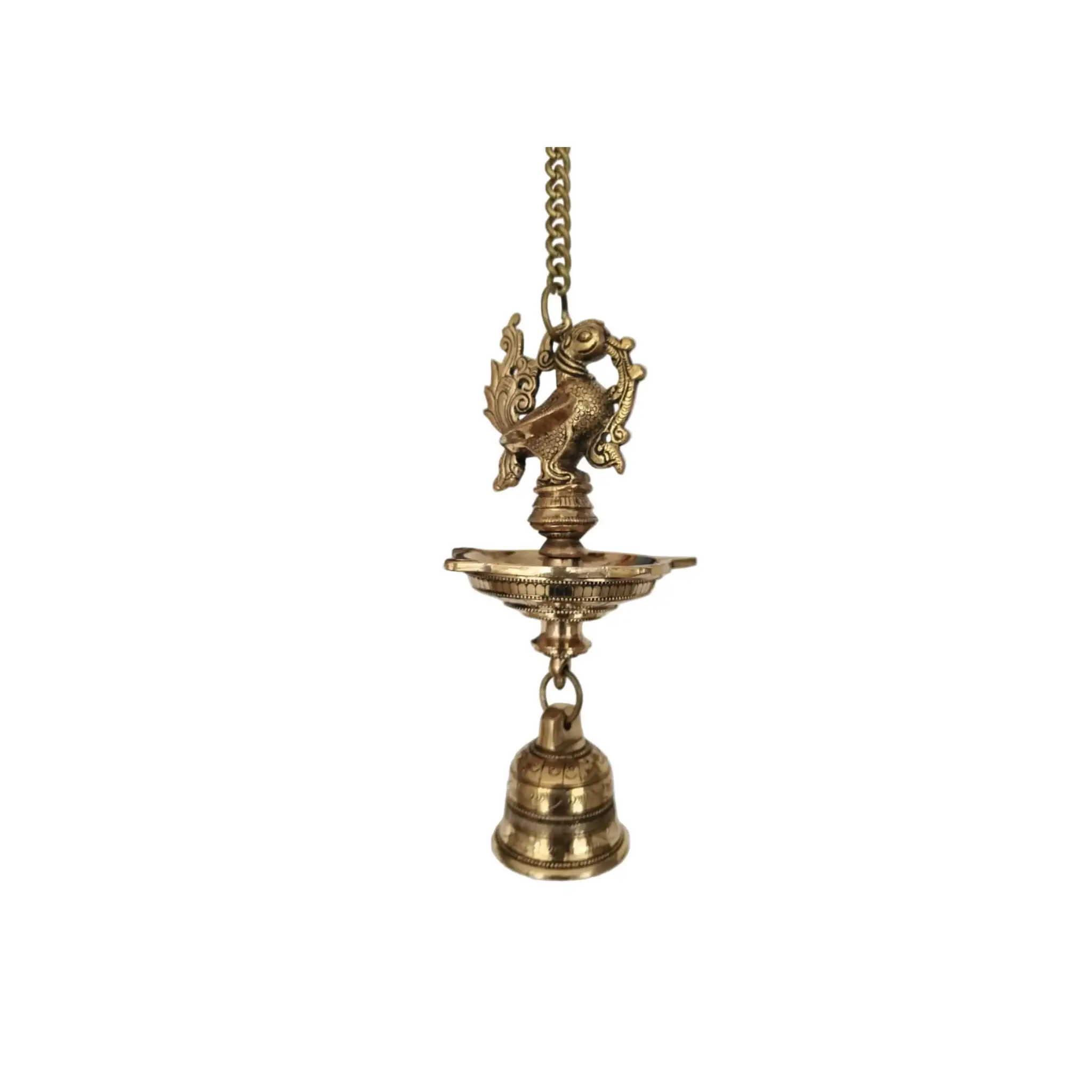 Traditional Brass Hanging Oil Lamp (Diya) with Peacock and Bell - Image 10