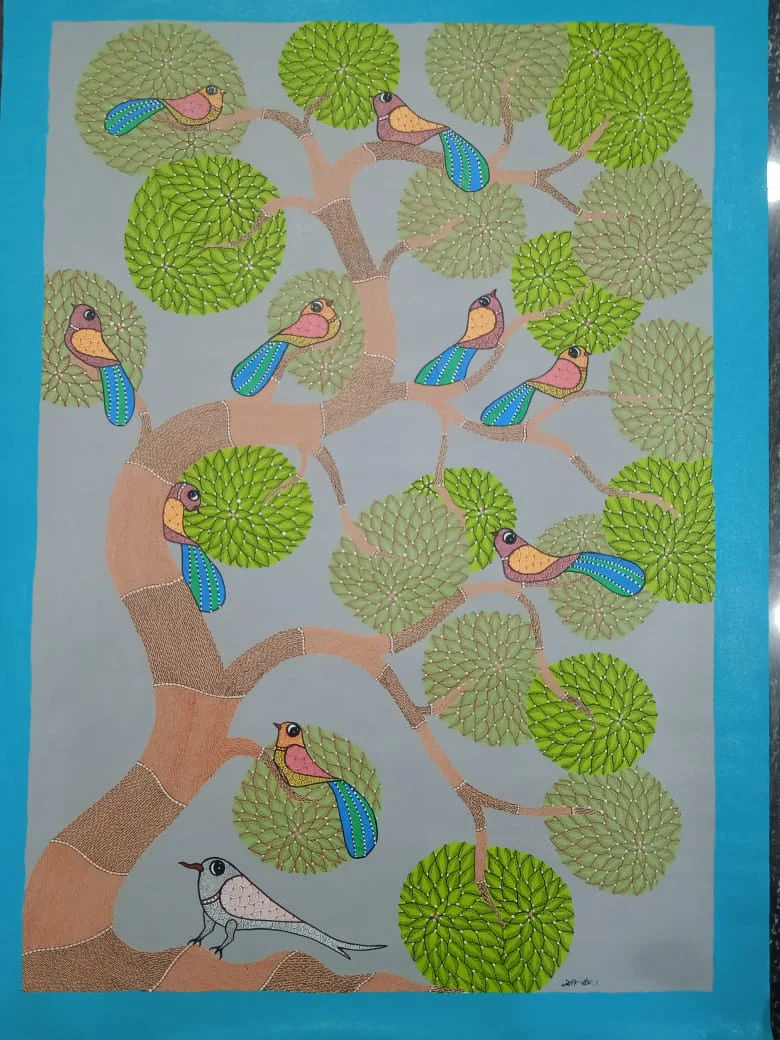 Tree of Life with Multi-Colored Songbirds – Gond Painting