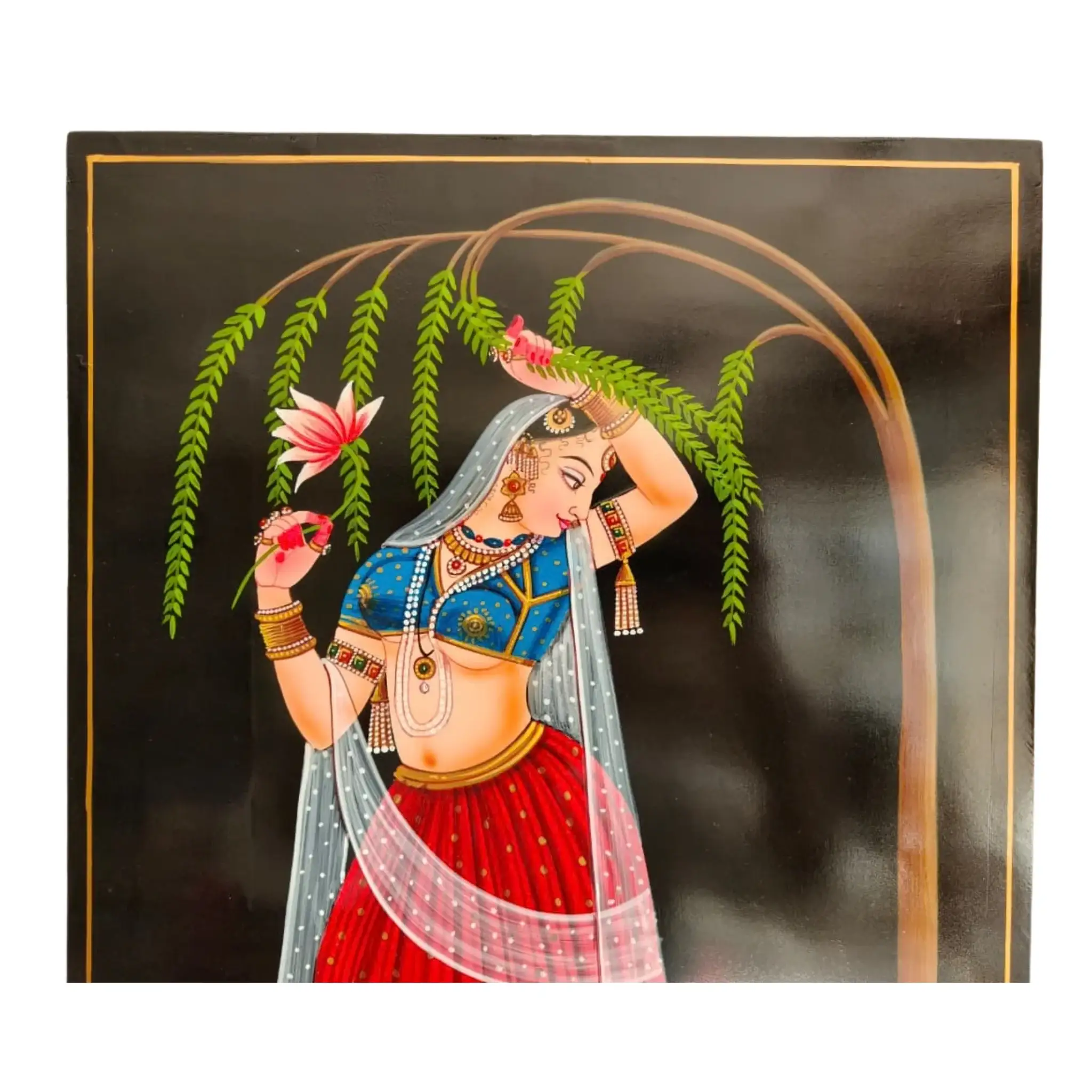 Tribal Woman Under Tree Holding Flower – Nirmal Painting - Image 3