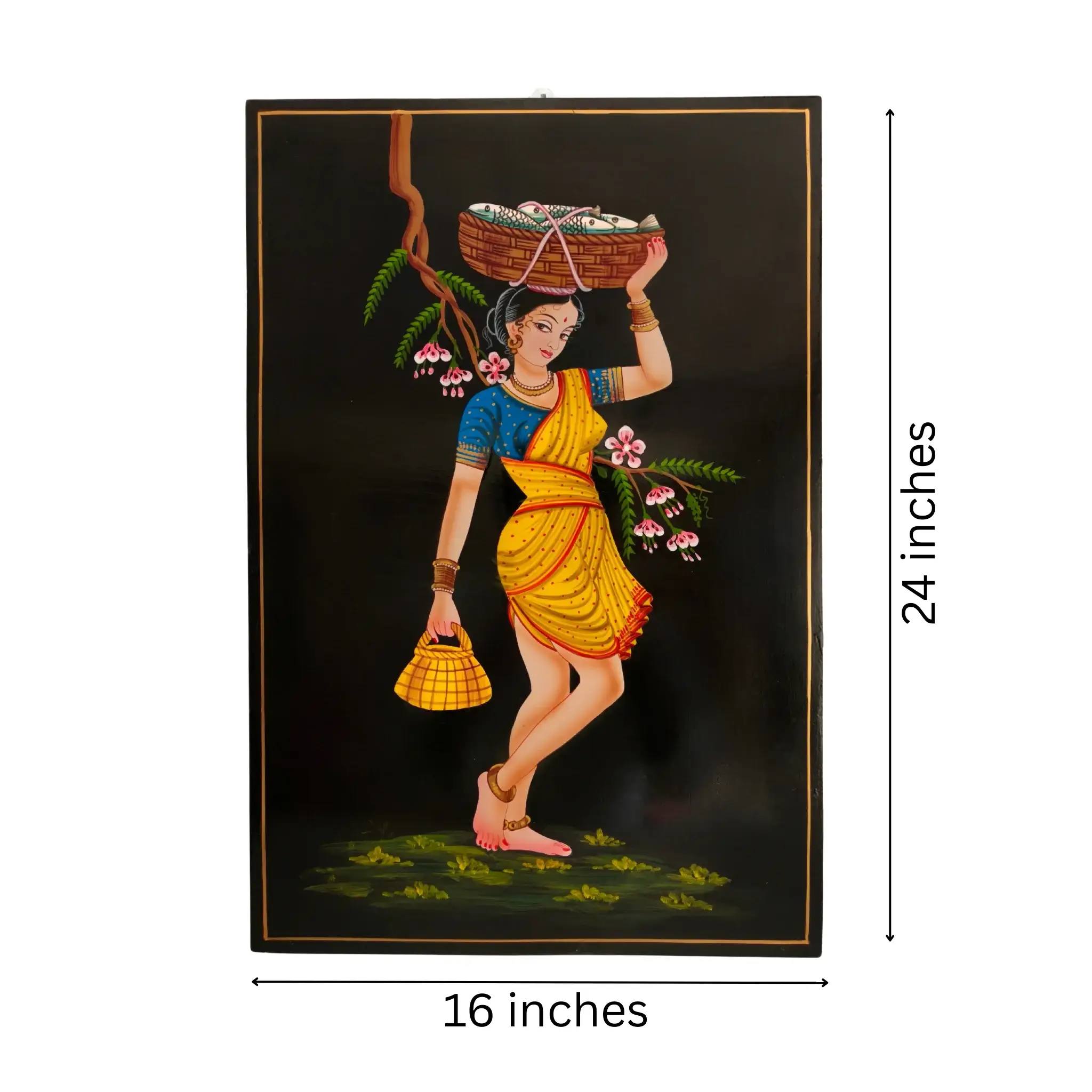 Village Woman Carrying Fish Basket - Nirmal Painting - Image 6