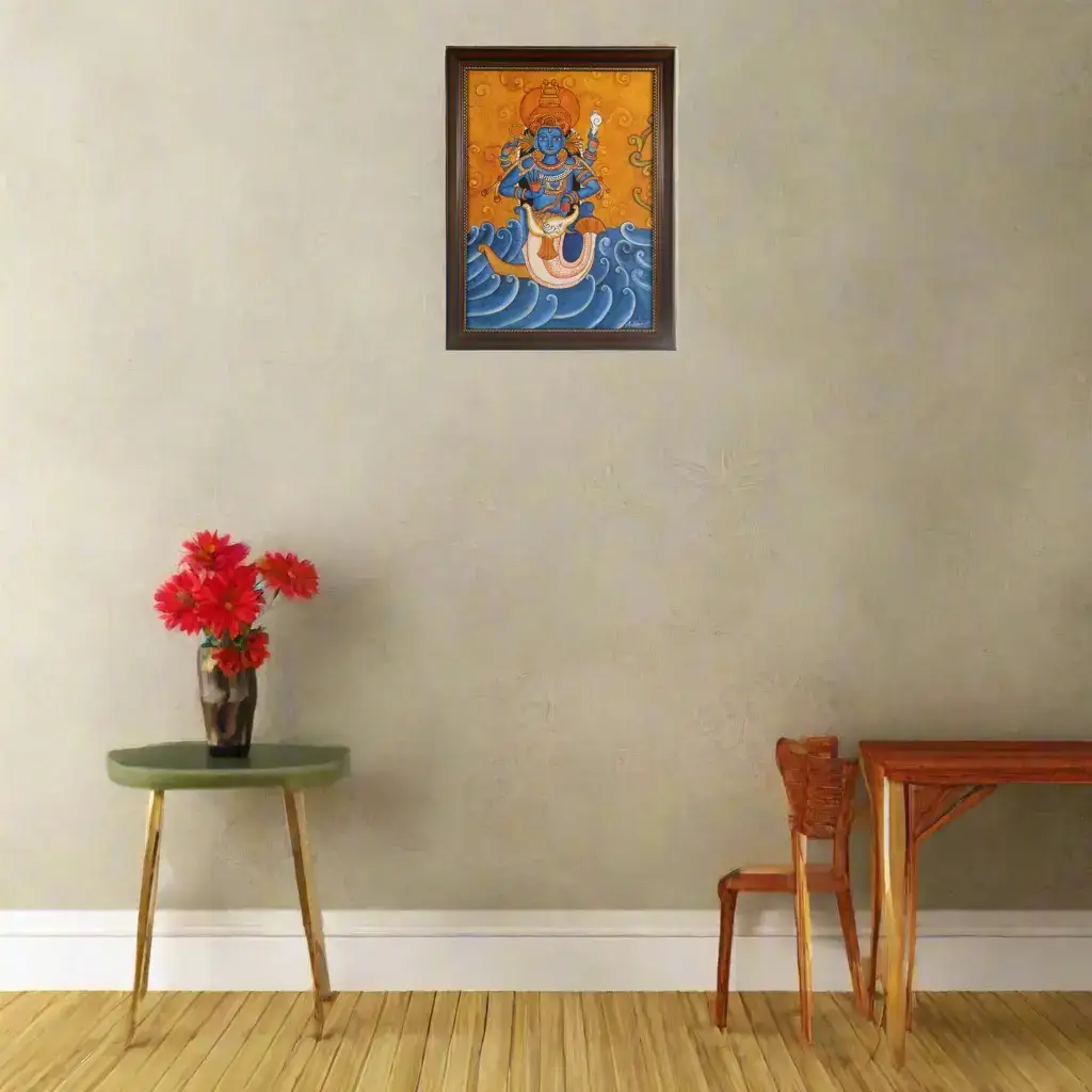 Vishnu in Matsya Avatar Painting – Handcrafted Kerala Mural Wall Art