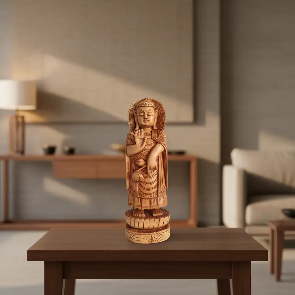 Standing Hand-Carved Wooden Buddha Statue in Abhaya Mudra