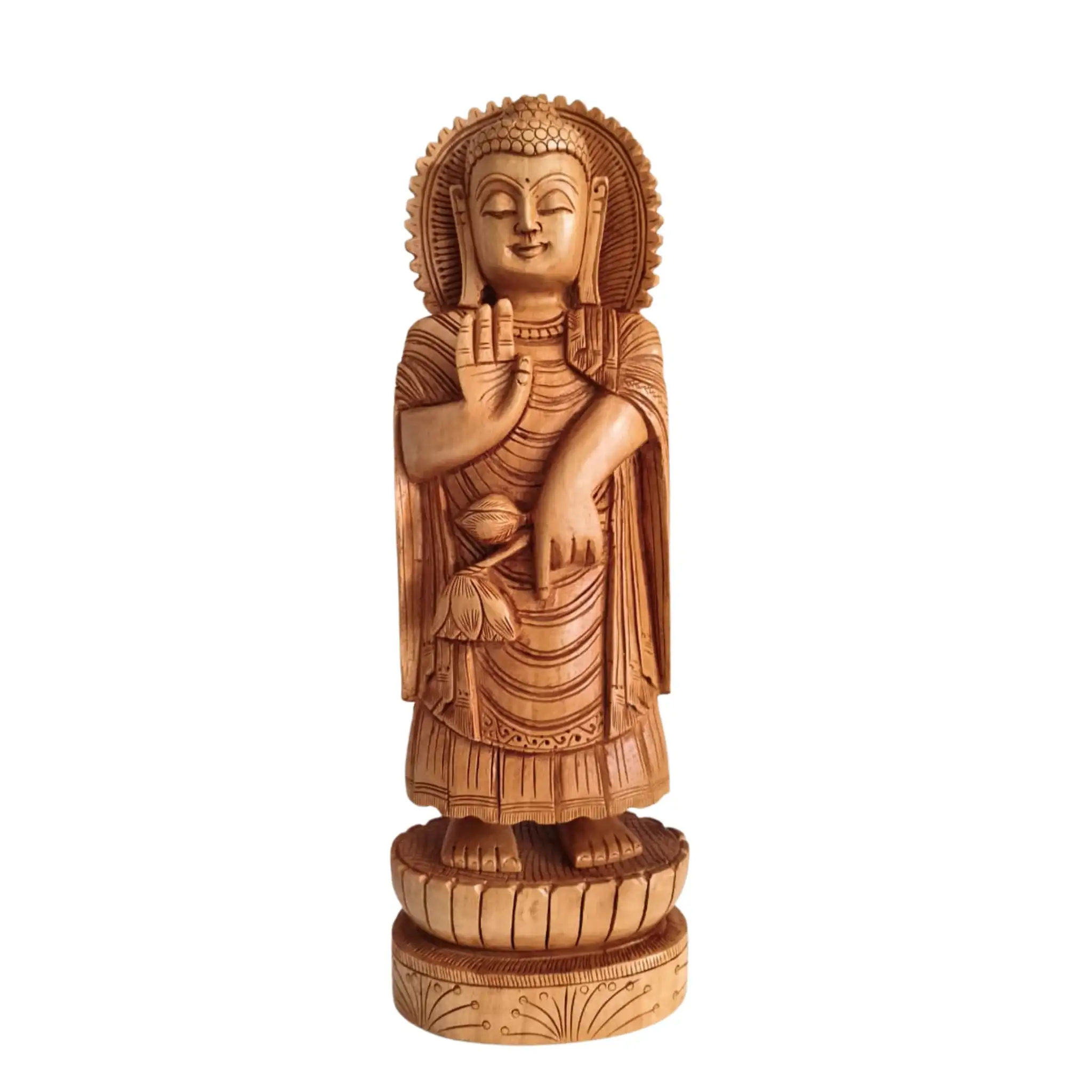 Standing Hand-Carved Wooden Buddha Statue in Abhaya Mudra - Image 6