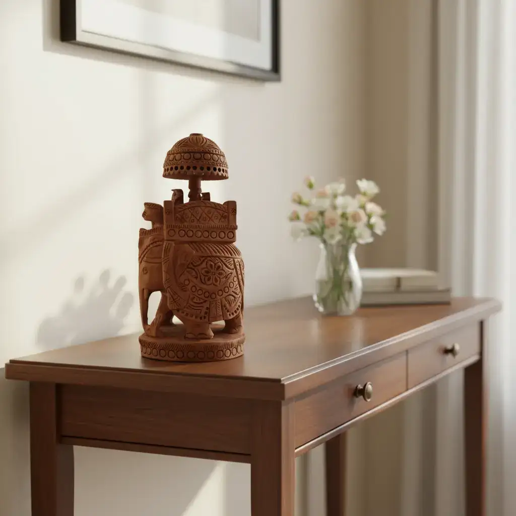 Wooden Carved Ambari Elephant With Umbrella - Image 10