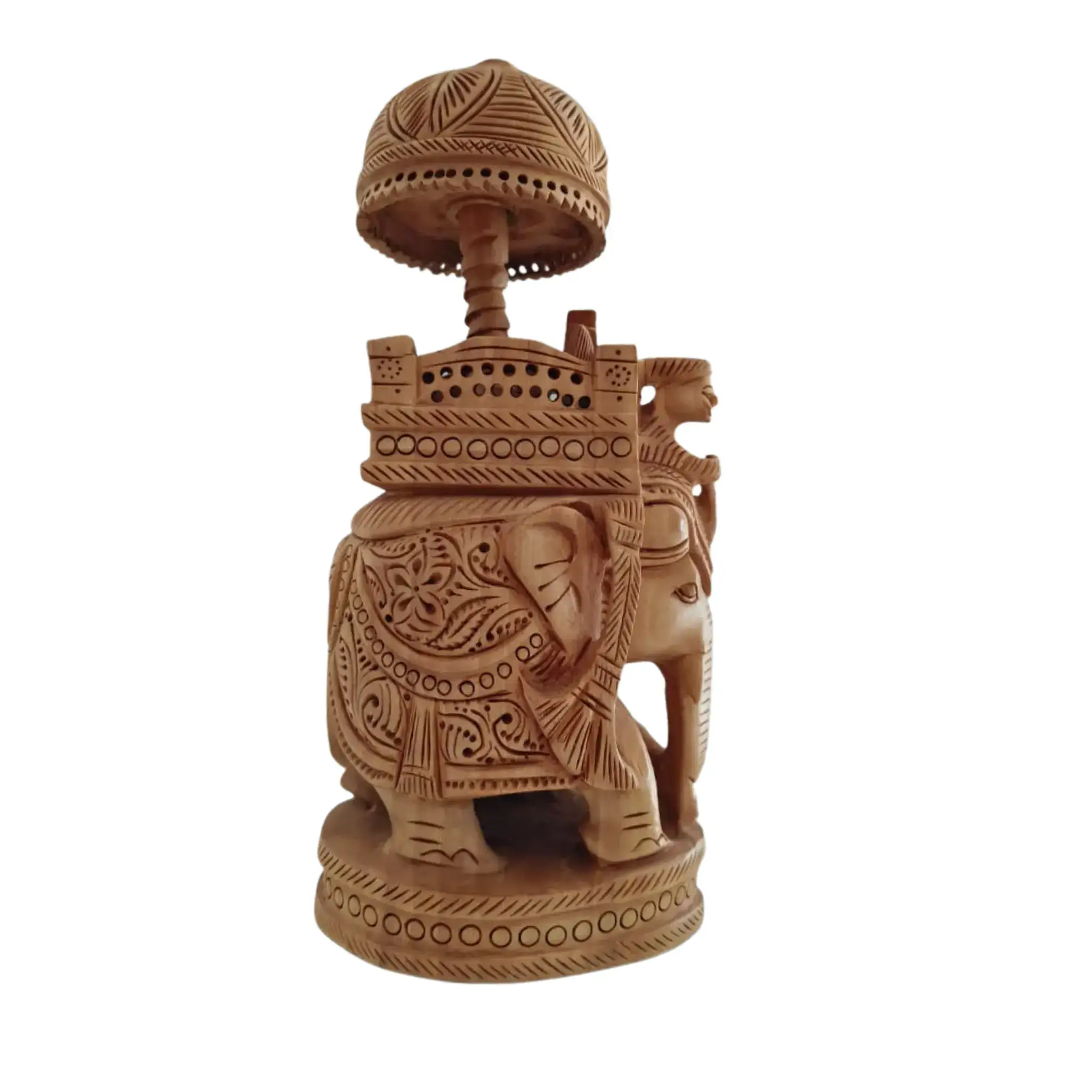 Wooden Carved Ambari Elephant With Umbrella - Image 15