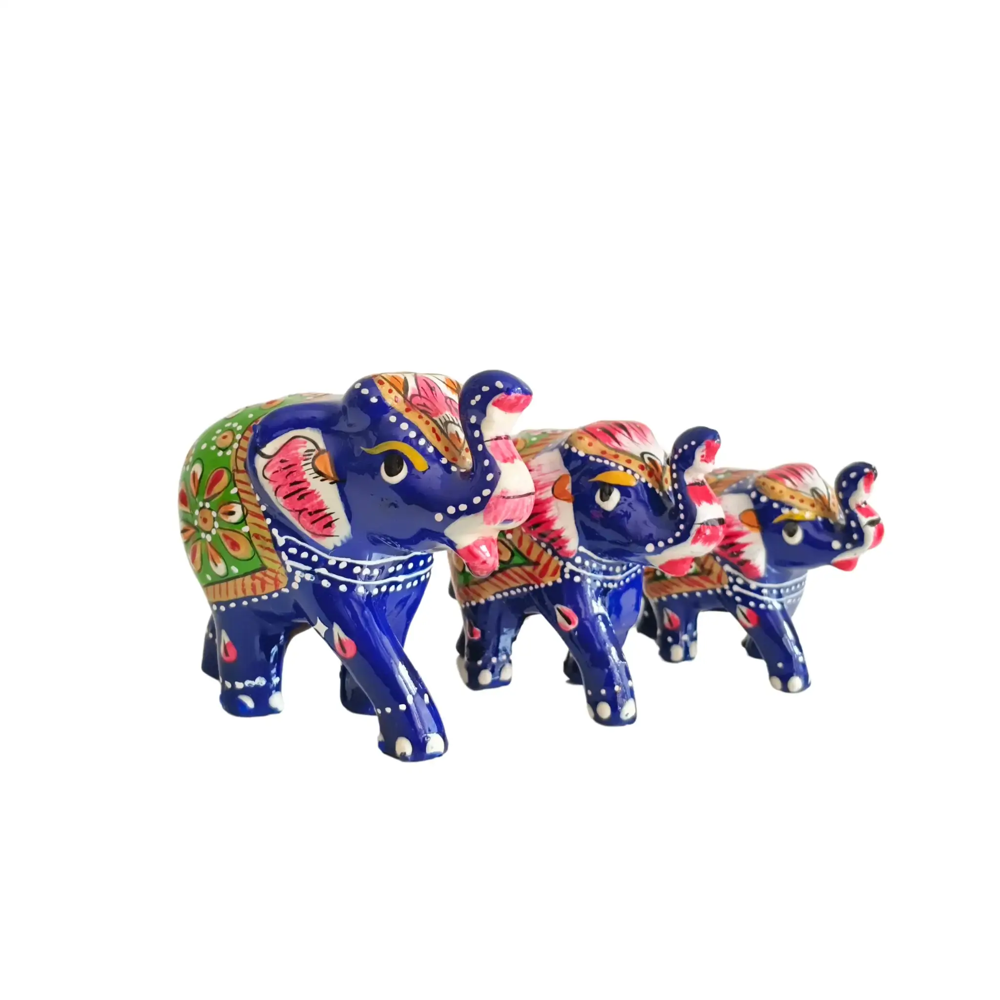 Set of 3 Hand-Painted Wooden Elephant Family Figurines - Royal Blue - Image 2