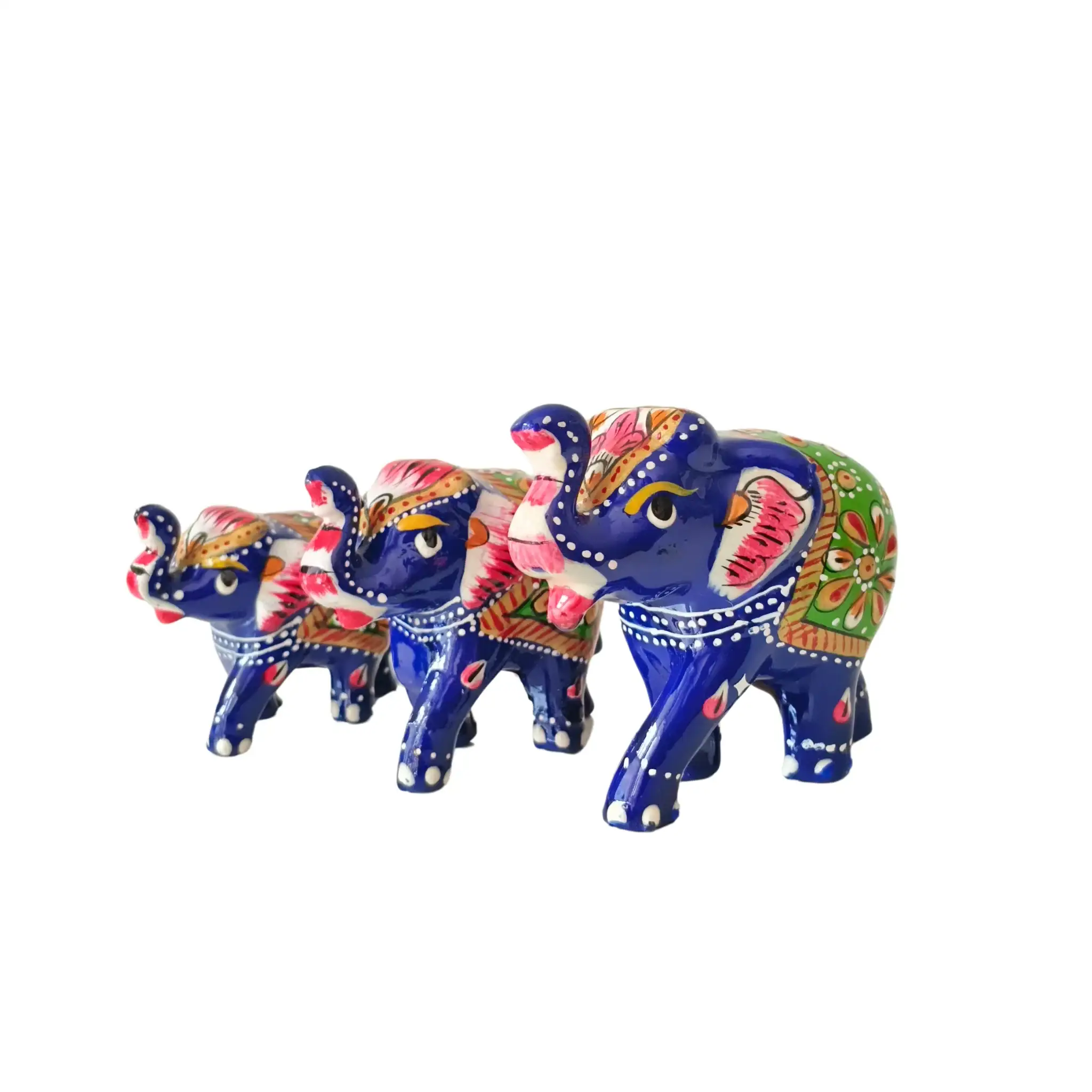 Set of 3 Hand-Painted Wooden Elephant Family Figurines - Royal Blue - Image 3