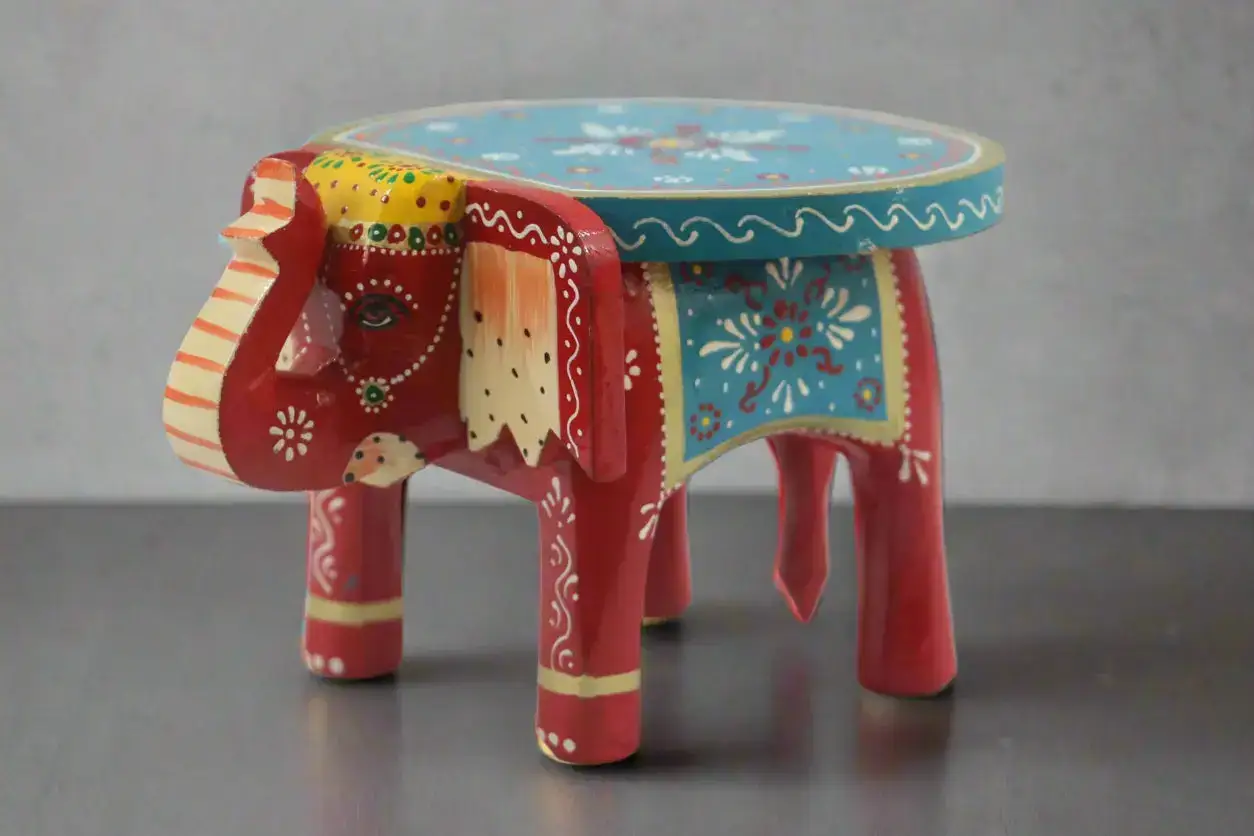 Wooden Hand-Painted Elephant Stool – Decorative Accent Furniture - Image 14