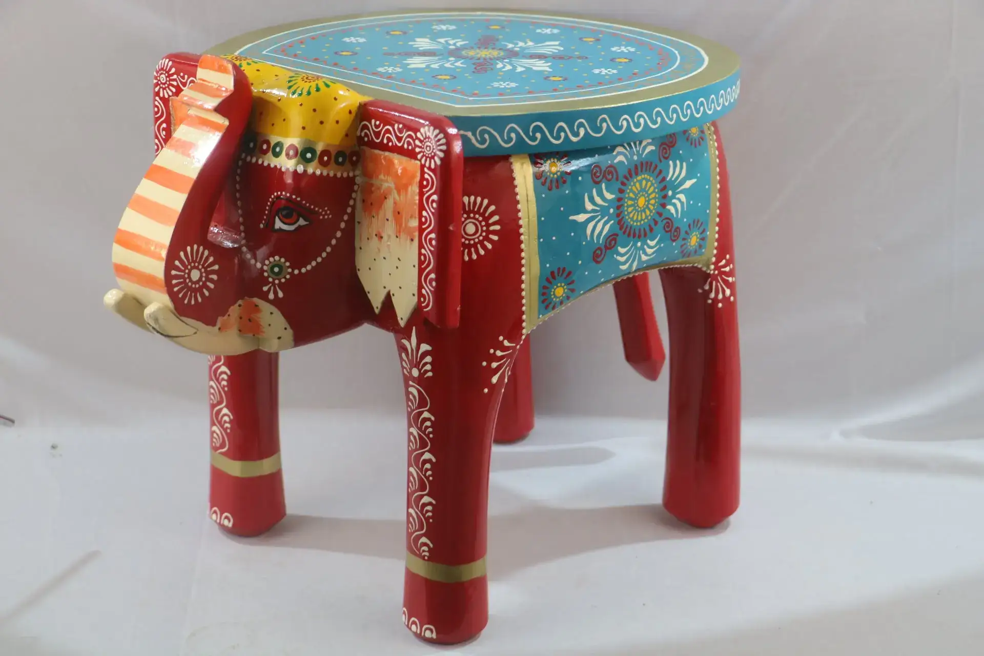 Wooden Hand-Painted Elephant Stool – Decorative Accent Furniture - Image 2